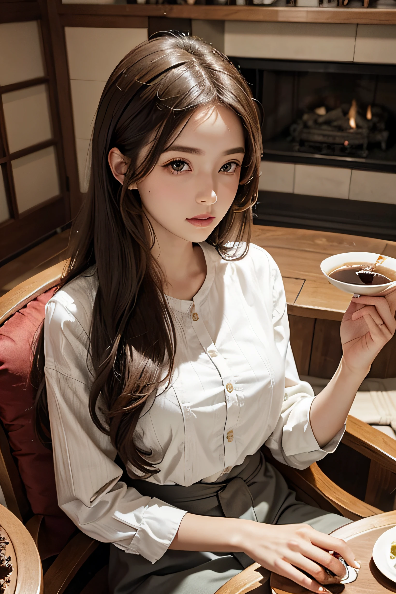 A beautiful girl with long hair,Sit at the coffee table,Tea tasting