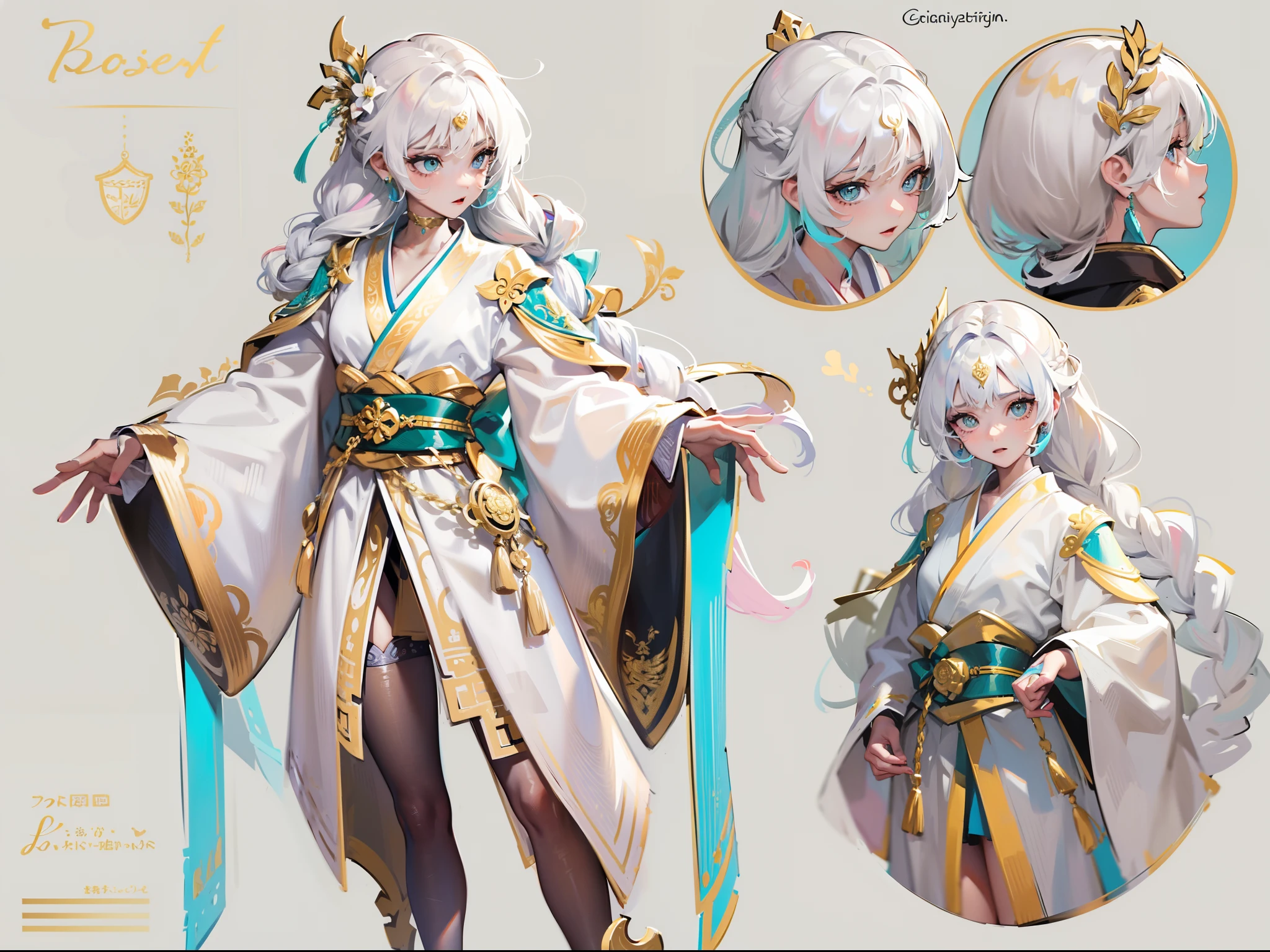 ((Masterpiece, Highest quality)), Detailed face, CharacterDesignSheet， full bodyesbian, Full of details, Multiple poses and expressions, Highly detailed, Depth, Many parts，A beautiful girl with white hair，Tie-double twisted braids，He wears a golden hairpin，Wearing a white and pink and gold kimono，Behind him is a cyan and gold cloak，The lower body is wearing white stockings，bare-legged，Light pink pupils，epic exquisite  character art, Amazing characters