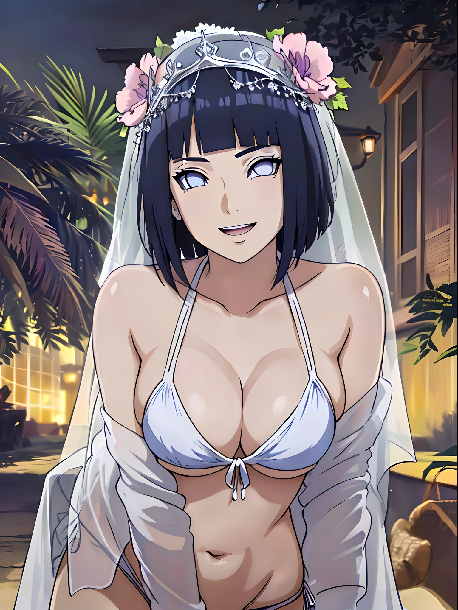 (WALLPAPER, masterpiece, 1k, anime style:1.9, laying on flower bed, navel, (detailed beach background, (lean forward), big breasts, big boobs, open mouth, high color saturation, bold lines, bold drawing lines, (defined arms, strong arms, flat belly, groin), detailed bold arm lines), (strong arms, thick arms), strong light on body, plain, bare body, (large breasts, perky boobs), minimum clothing, taking off shirt, bare shoulders, off-shoulders, bare chest, (very tight pure white tiny bikini, wedding veil, white flower wedding tiara, long white gloves), no shirt, showing off), hinata\(boruto\), mature female, sunbathing, milf, (curvy:0.8), solo, (short hair, hime cut), (dark blue hair color:1.1), white, flat belly, perfect eyes, white sciera, white eyes, anime eyes, smoky eyeliner, eyeshadow, perfect face, shy, sharp focus, professional artwork, intricate details, colorful, vibrant colors, vivid colors, digital blending, ultra detailed body, ultra detail hair, ultra detail face, trending on pixiv, kind smile, shy, very hot colors, sunny day, outdoor,