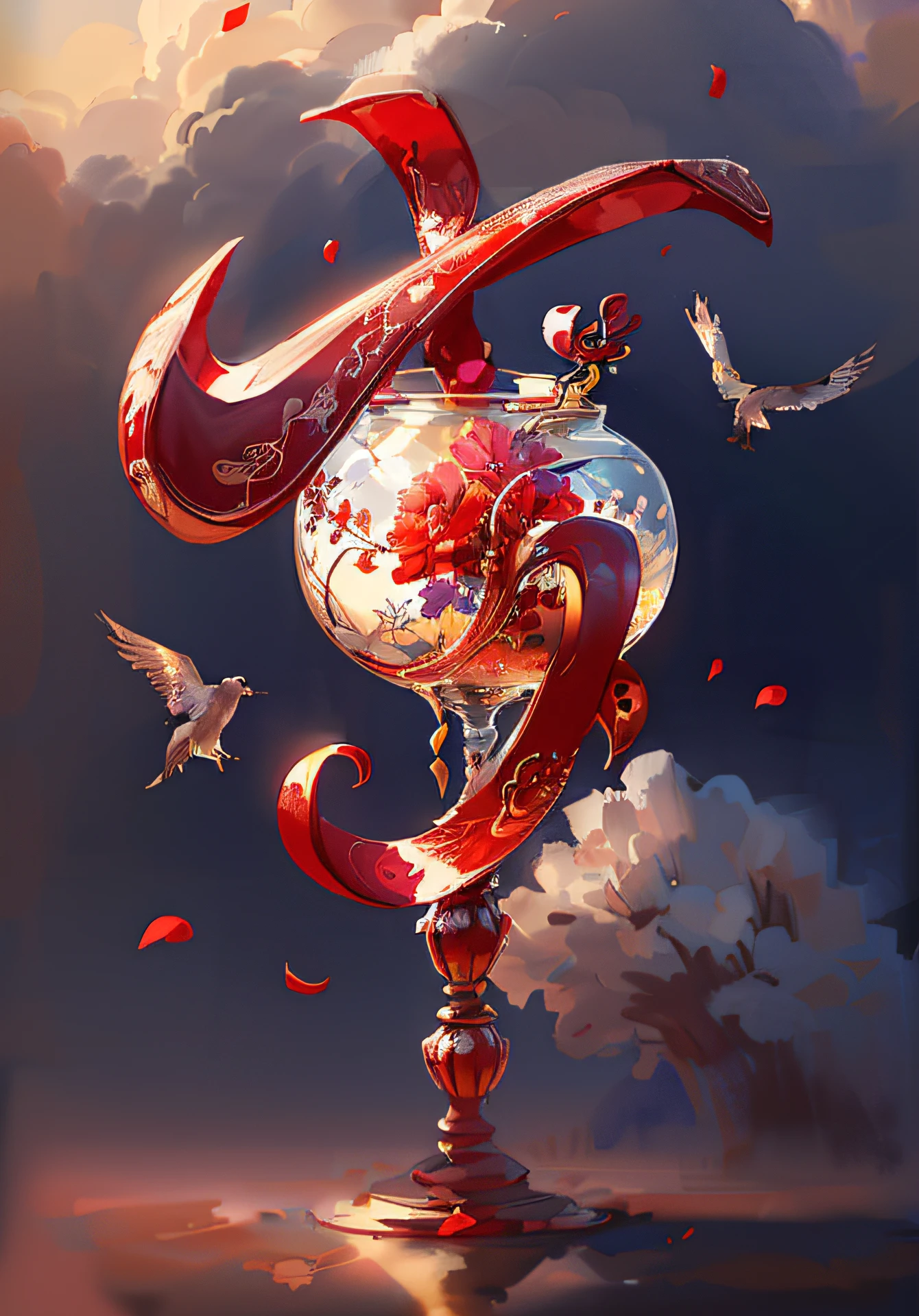 There is a vase,There are two words Tanabata on it,Birds fly around, Fantasy art Behance, stunning digital illustration, cgsociety 9, Beautiful digital artwork, A beautiful artwork illustration, in style of kyrill kotashev, by Yang J, Exquisite digital illustration, CGSesociety )