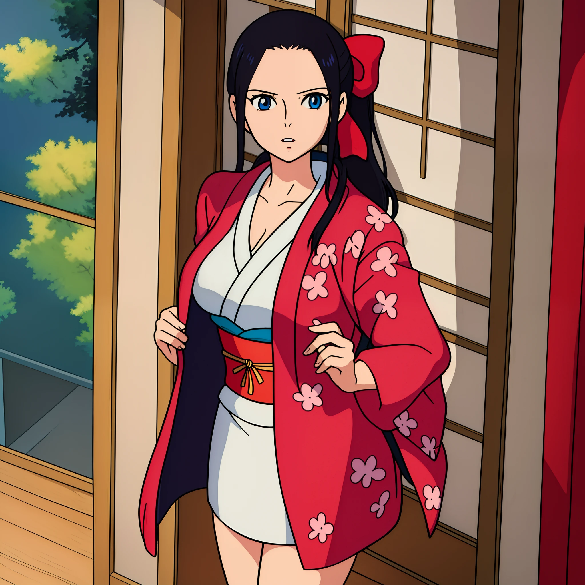 ((best quality)), ((masterpiece)), ((detailed background)), ((high quality illustration)), nico robin, wanostyle, 1girl, black hair, ((black jacket)), blue eyes, breasts, cleavage, collarbone, hair ribbon, (jacket, jacket on shoulders, japanese clothes, kimono), large breasts, long hair, looking at viewer, obi, parted lips, ponytail, (print jacket, print kimono, red ribbon, ribbon, sash), solo, thighs, indoors, white kimono, miyazaki hayao