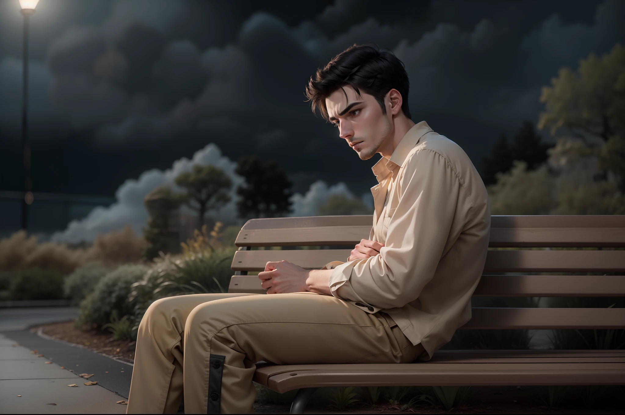 Ultra realistic 8k image of a thin 25-year-old man, short black hair, dressed in a beige button-up blouse and beige pants, sad expression, lying down on a park bench at night with heavy clouds