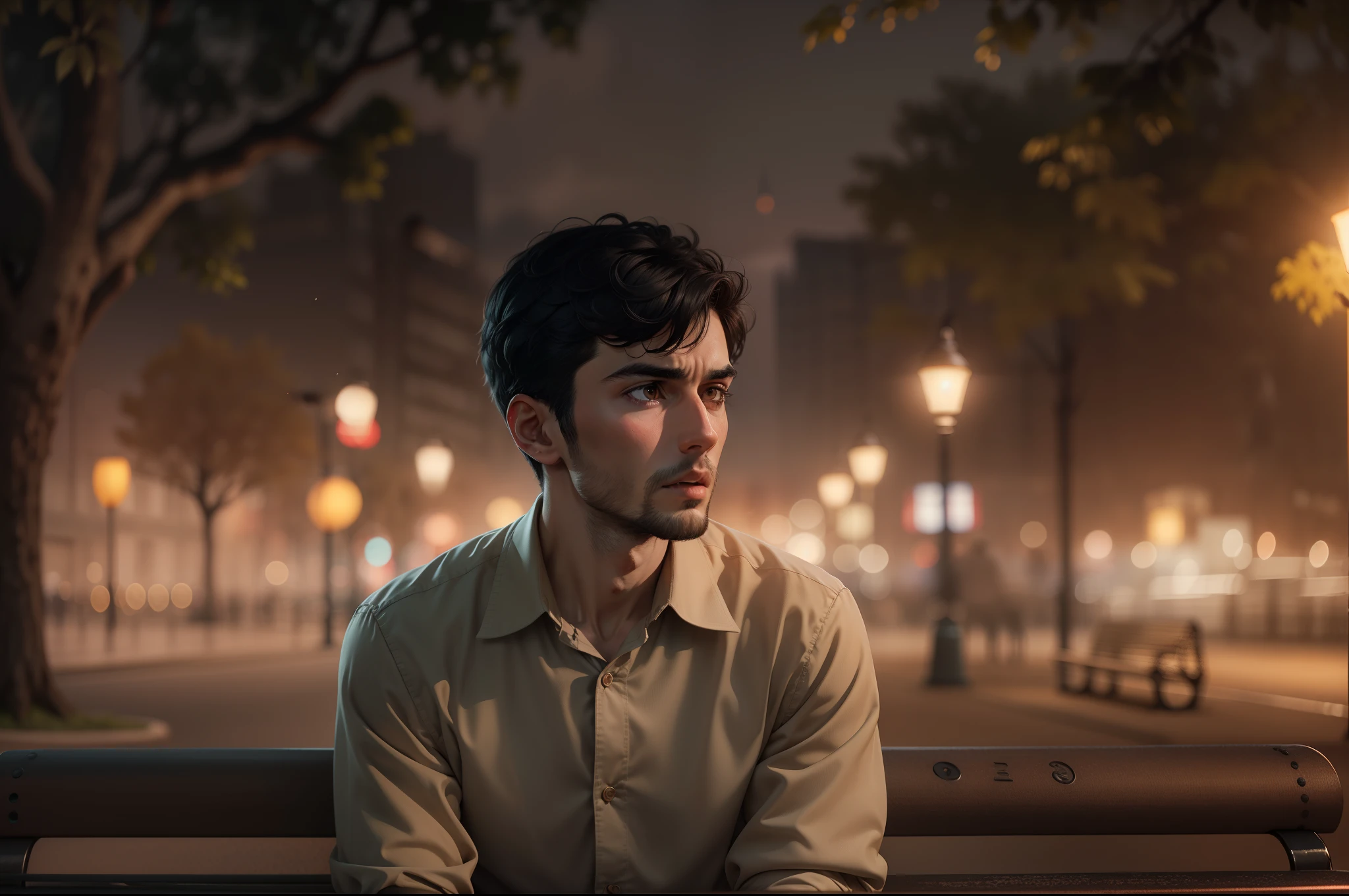 Ultra realistic 8k image of a thin 25-year-old man, short black hair, dressed in a beige button-up blouse and beige pants, expression of fear, sitting on a park bench on a cloudy night