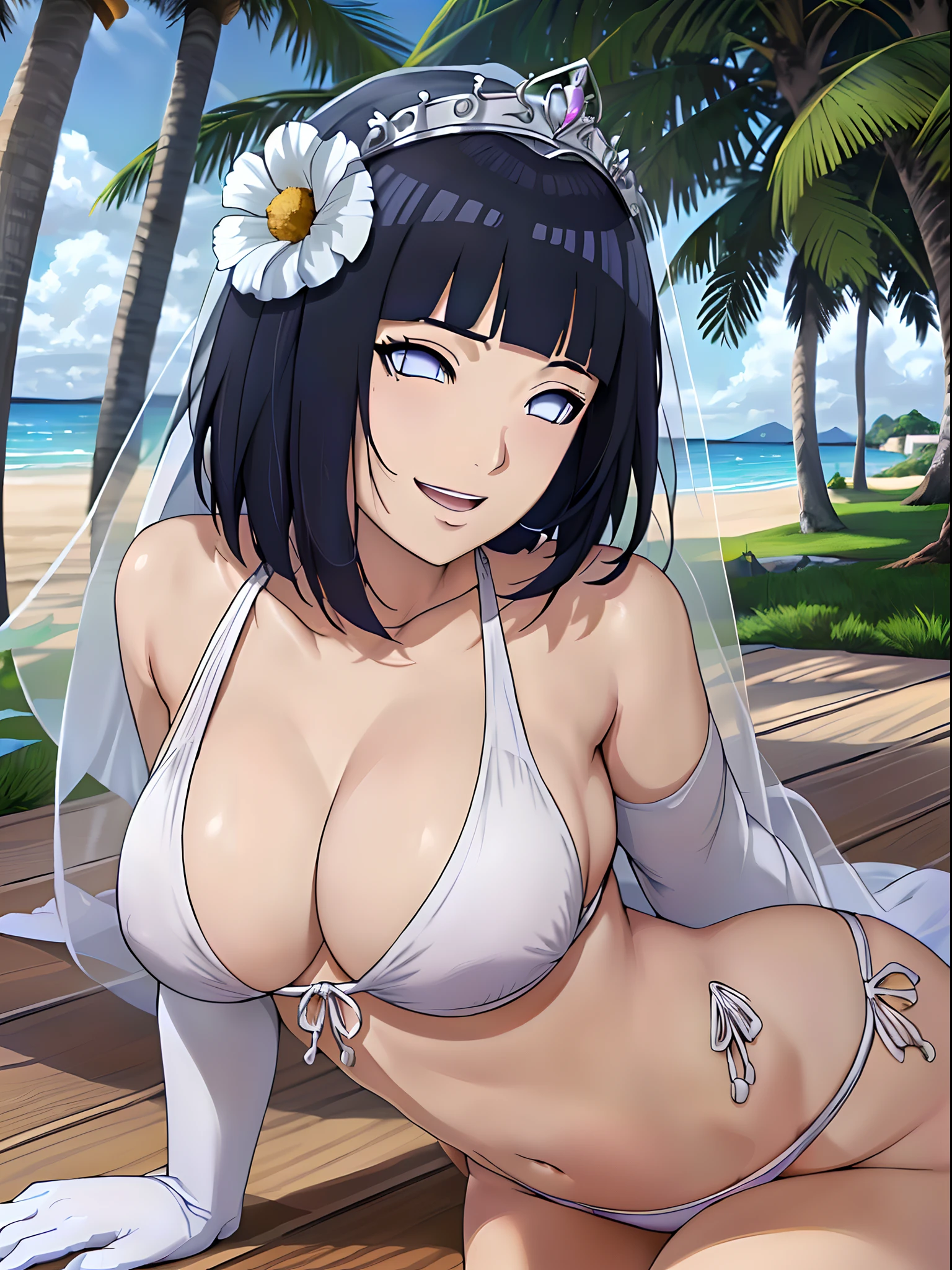 (WALLPAPER, masterpiece, 1k, anime style:1.9, laying on flower bed, navel, (detailed beach background, (lean forward), big breasts, big boobs, open mouth, high color saturation, bold lines, bold drawing lines, (defined arms, strong arms, flat belly, groin), detailed bold arm lines), (strong arms, thick arms), strong light on body, plain, bare body, (large breasts, perky boobs), minimum clothing, taking off shirt, bare shoulders, off-shoulders, bare chest, (very tight pure white tiny bikini, wedding veil, white flower wedding tiara, long white gloves), no shirt, showing off), hinata\(boruto\), mature female, sunbathing, milf, (curvy:0.8), solo, (short hair, hime cut), (dark blue hair color:1.1), white, flat belly, perfect eyes, white sciera, white eyes, anime eyes, smoky eyeliner, eyeshadow, perfect face, shy, sharp focus, professional artwork, intricate details, colorful, vibrant colors, vivid colors, digital blending, ultra detailed body, ultra detail hair, ultra detail face, trending on pixiv, kind smile, shy, very hot colors, sunny day, outdoor,