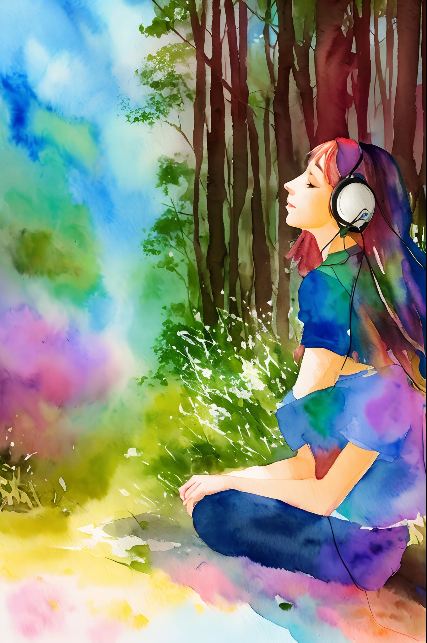 Watercolor place with lots of brightness and rainbow light woman listening to music in the forest