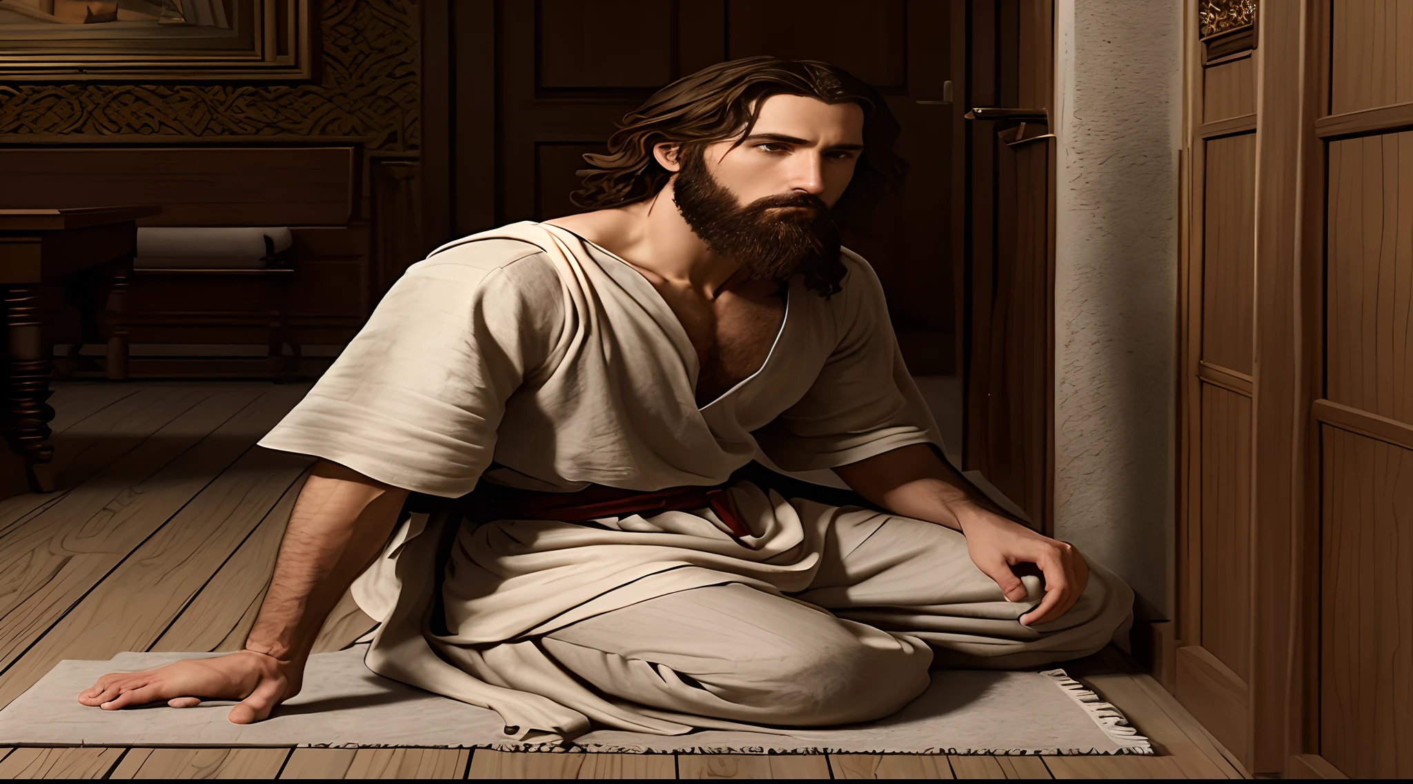 homem arafed sentado em um tapete em uma sala com uma porta, holy man looking down at the ground, jesus wasted at a party, Alexey Egorov, inspirado por Frederick Lord Leighton, Jesus Cristo, Greg Olsen, Nicodemos, Vestido como Jesus Cristo, sentou-se em seu trono, Directed by: Artur Tarnowski, inspirado em Carl Heinrich Bloch