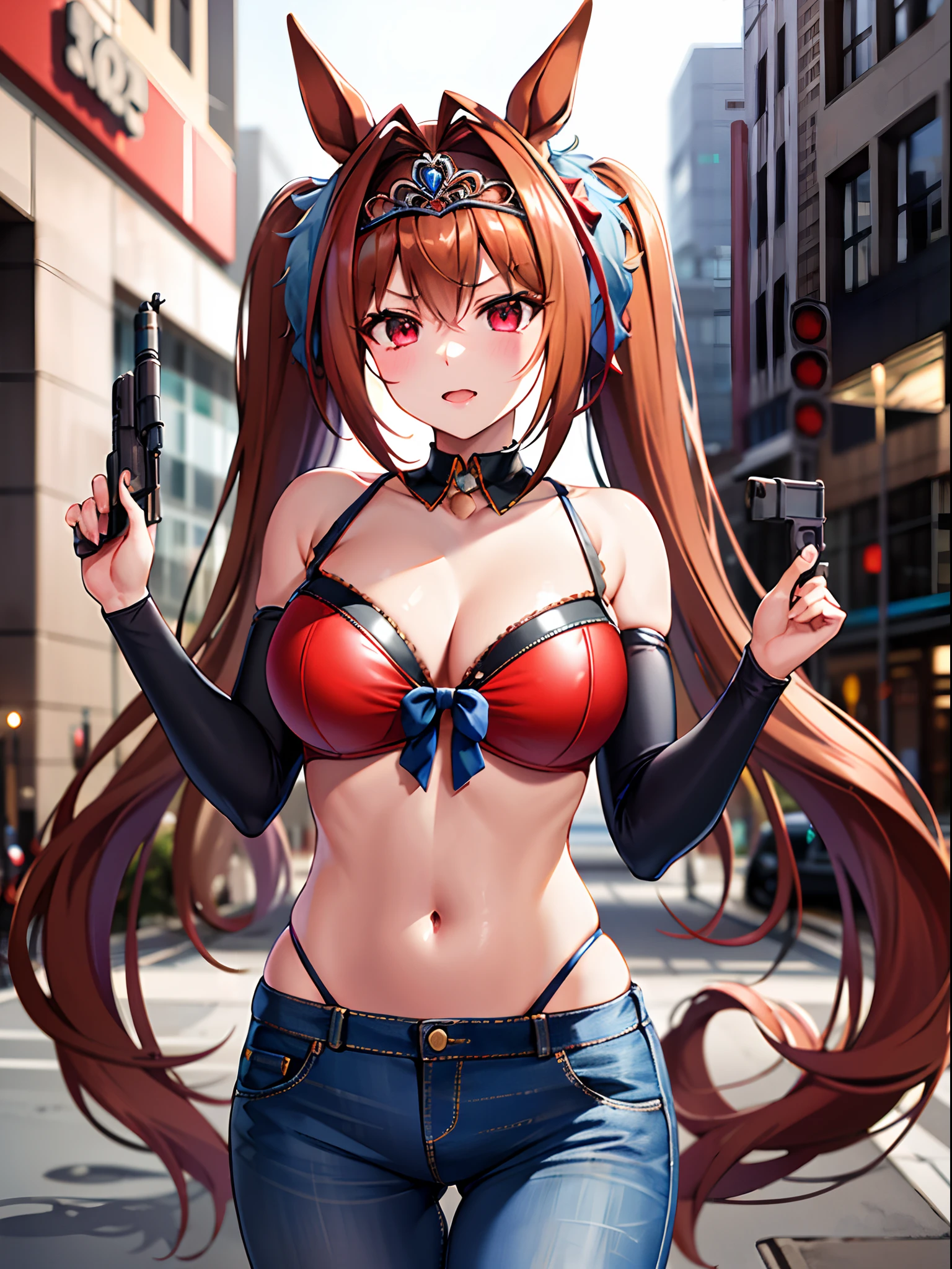 ​masterpiece, Best Quality，top-quality，{{{Daiwa Scarlet \Umamusume}}}，{{{Twin-tailed}}}，very long twintails，horse ear，Brown hair，tiarra，{{{Tiara on the head}}}，Red Eyes，Glaring at viewers，Great backlight，Red bikini，Black Leather Jumper，Very short blue denim，Big，女の子1人，Shoot guns at viewers，{{{During shooting}}}，{{{Long Gun}}}，Face Focus，Empty city center，{{{Midnight}}}