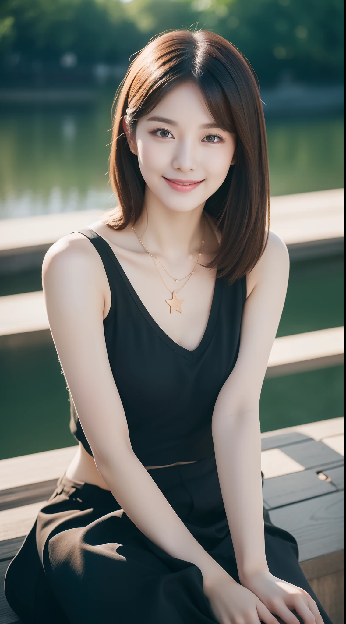realistic photos of (1 cute Korean star) shoulder-length hair, white skin, thin makeup, 32 inch breasts size, slightly smile, wearing black v-neck tank top, necklace, sitting at river side, Chinese pavillion is backdrop, upper body portrait, cinematic lighting, Cubist Futurism, UHD