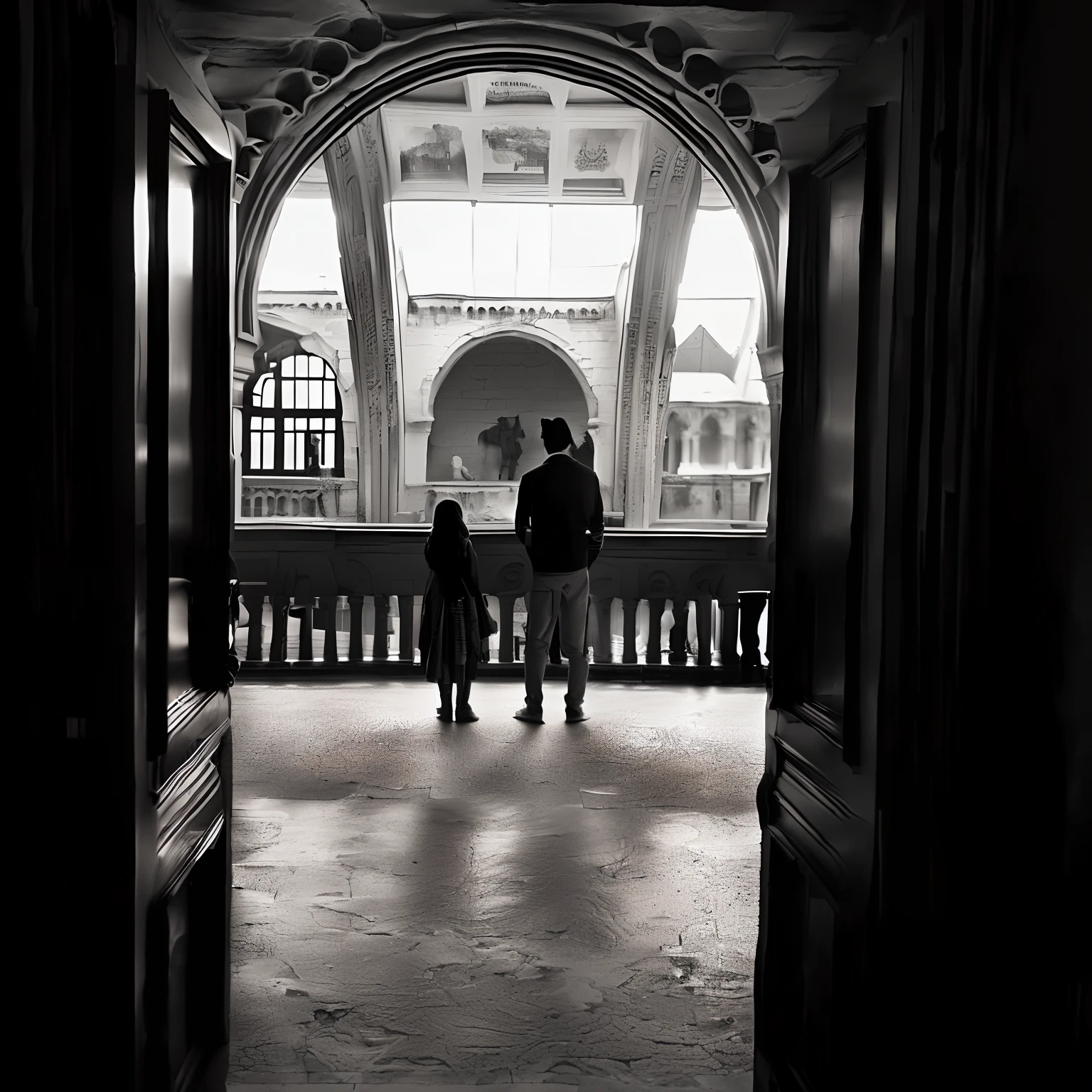There were two people standing in the doorway looking at a building, Inspired by Thomas Strus, big arches in the back, in balcony of palace, at a museum, In the museum, looking out, at a museum, looking out, with archways, In a museum, Black and white photo.