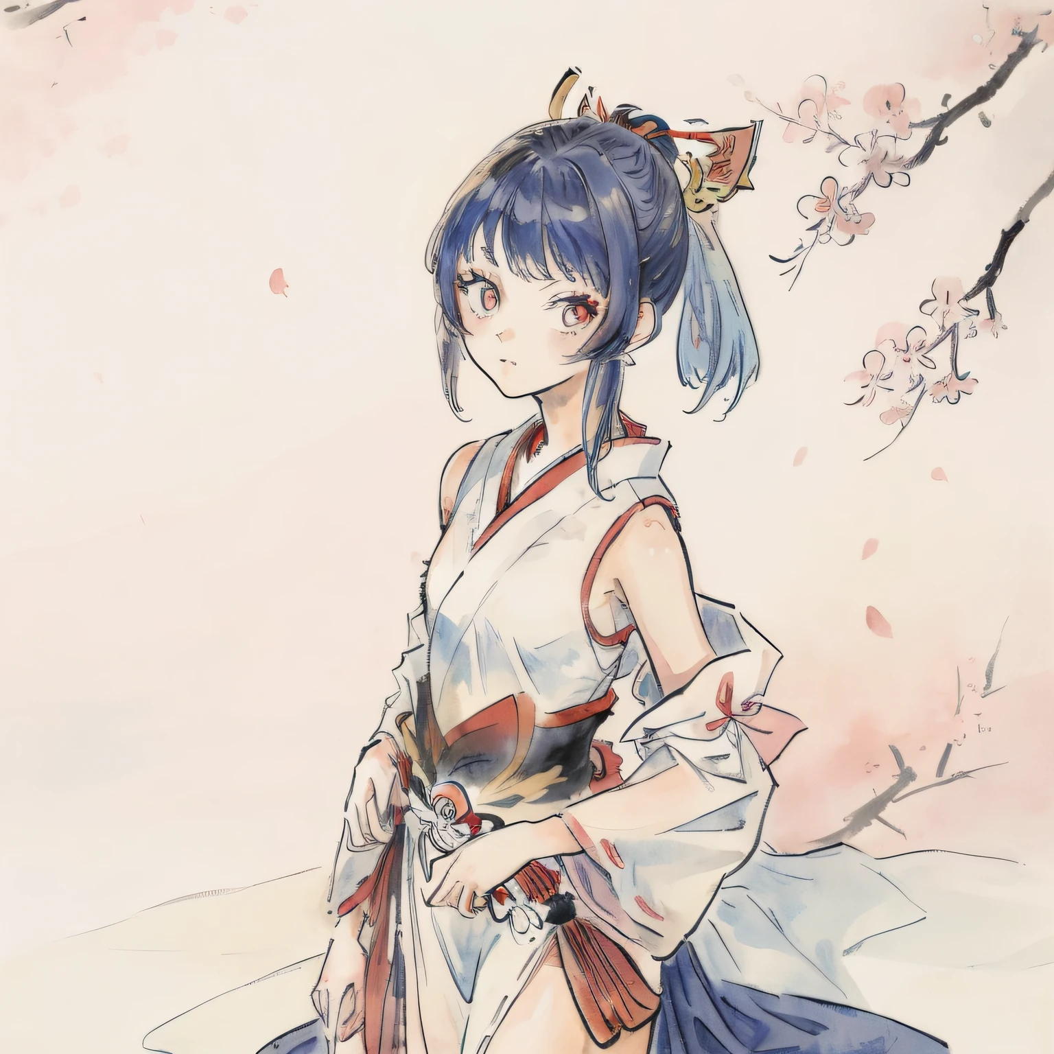 (watercolor_medium), ((ukiyoe style)), ((((masterpiece)))), (((best quality))), (illustration),(1girl:1.5),(solo:1.5), ((an extremely delicate and beautiful)), ((little girl)) , cute, ((hime_cut)), side blunt bangs,(ultramarine hair:1.2), hairs between eyes, ribbons, Bracelet , bare shoulders,((japanese_clothes)), sakura, ((slit pupils)), ((miko)), (off_shoulder), ace, (Kagura Suzu),sword