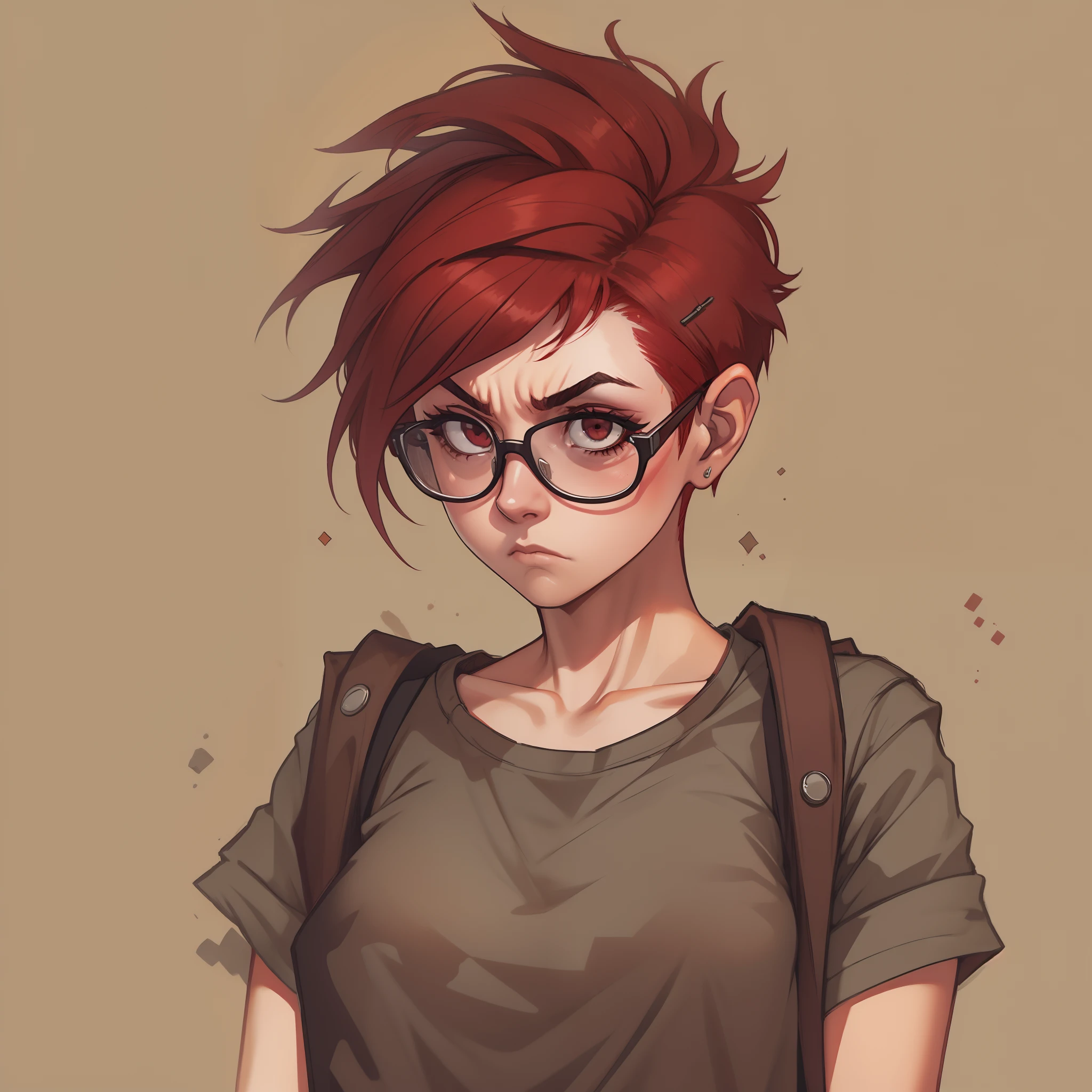 female with short shaved dark red hair, wearing glasses, scowling, wearing casual punk clothing