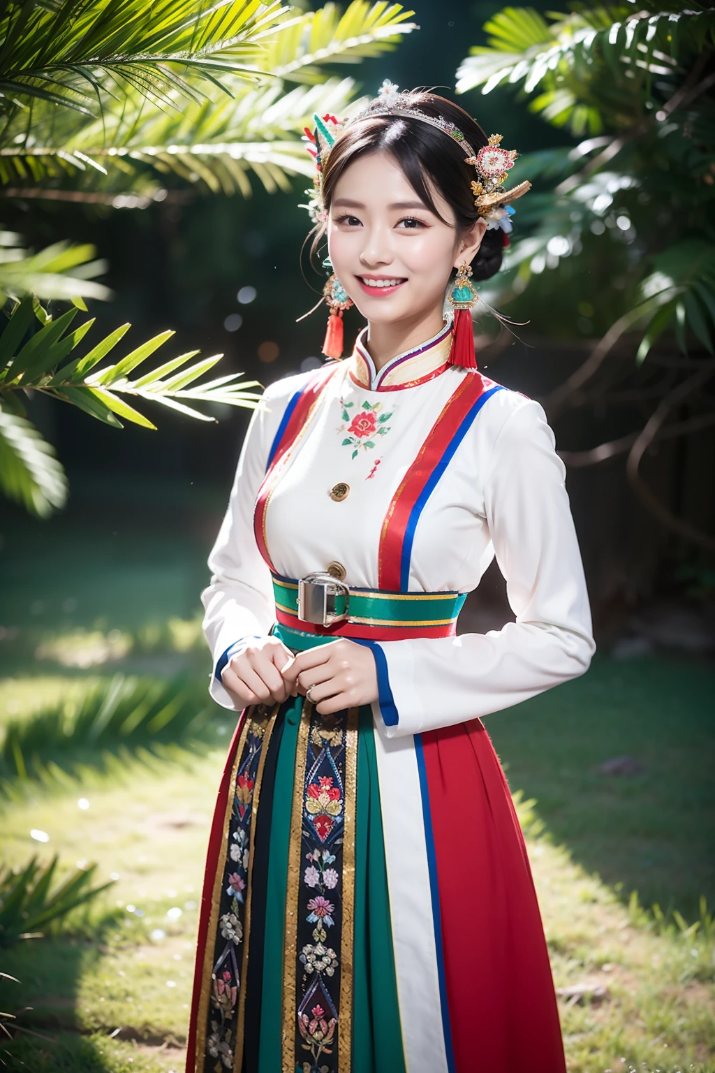 （8K分辨率，Vista full body photo），（1womanl，20yr old，s delicate face，详细的脸，Redlip，Fair smooth skin，（Classic Hmong costume：1.4，（There are floral fabrics，The cuffs are multi-colored horizontal strips，Cardigans，Short waist long version），Headband silver crown（Silver Crown（styling：It is quadrangular and protruding，entangle，Such as spiral or eccentric，Print various patterns on a flat surface），Silver products（Silver collars range from small to large，There are up to seven circles），Silver necklace，Bun hairpins），（pleatedskirt，There is a belt（Hmong embroidery、batik）），耳Nipple Ring，bangle，Tall and tall，The action of the dialog，perfect hand，Ultra-fine clothing material），（Traditional Xijiang Miao village，Festive party night background in cottage，Exquisite environmental details），（exhilarated，confident smile，Rejoice），（profesional lighting，动态照明），（（The colors are more balanced，（black in color，blue colors，red colour））），（Golden section，Cinema lenses，Hasselblad photograp，tmasterpiece：1.3），（Miaozhai idol，Focus on the field，trendsetting，Folklore artist，Art platform）