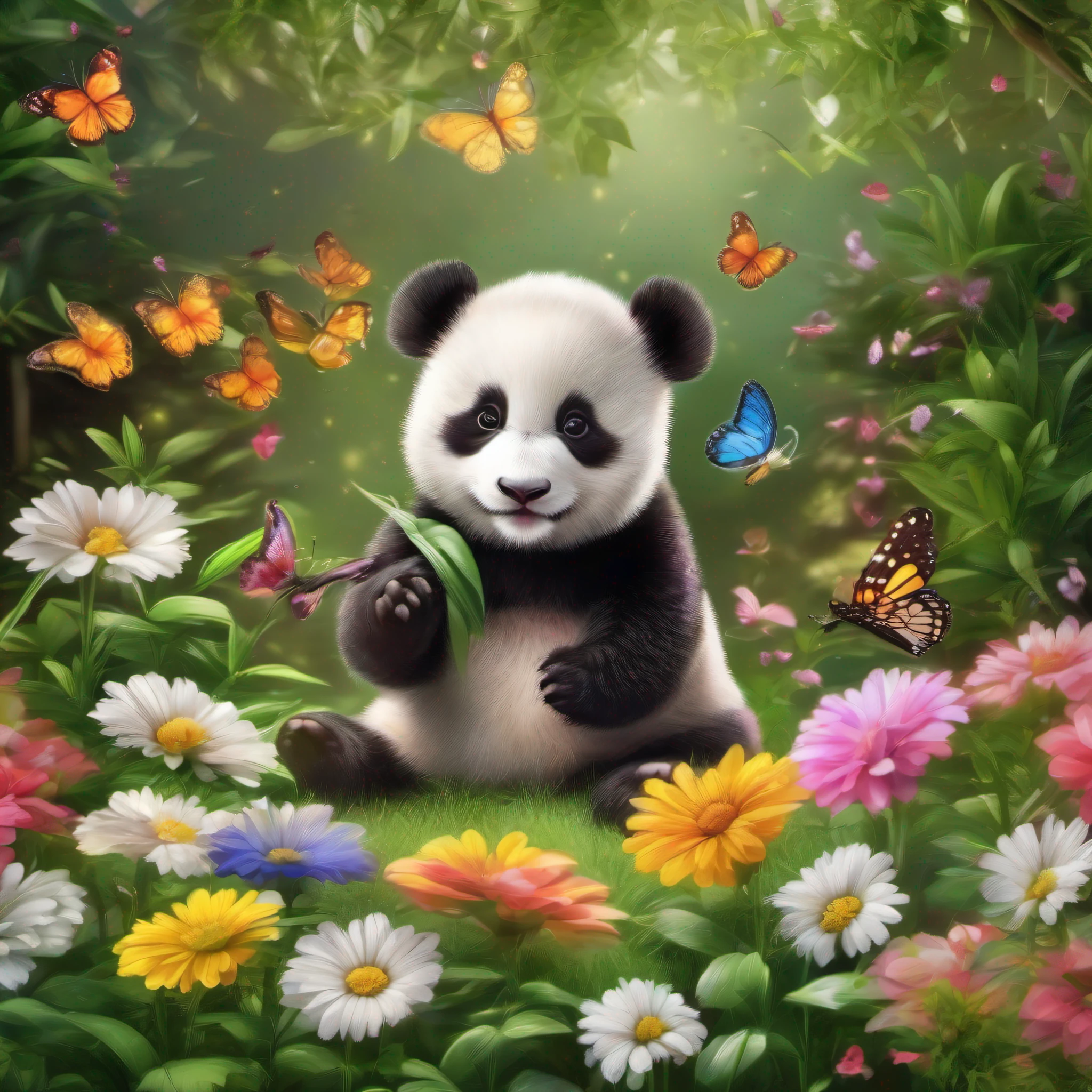 Cute baby panda playing in the garden, Flowers and butterflies, (Highest Quality, Masterpiece),