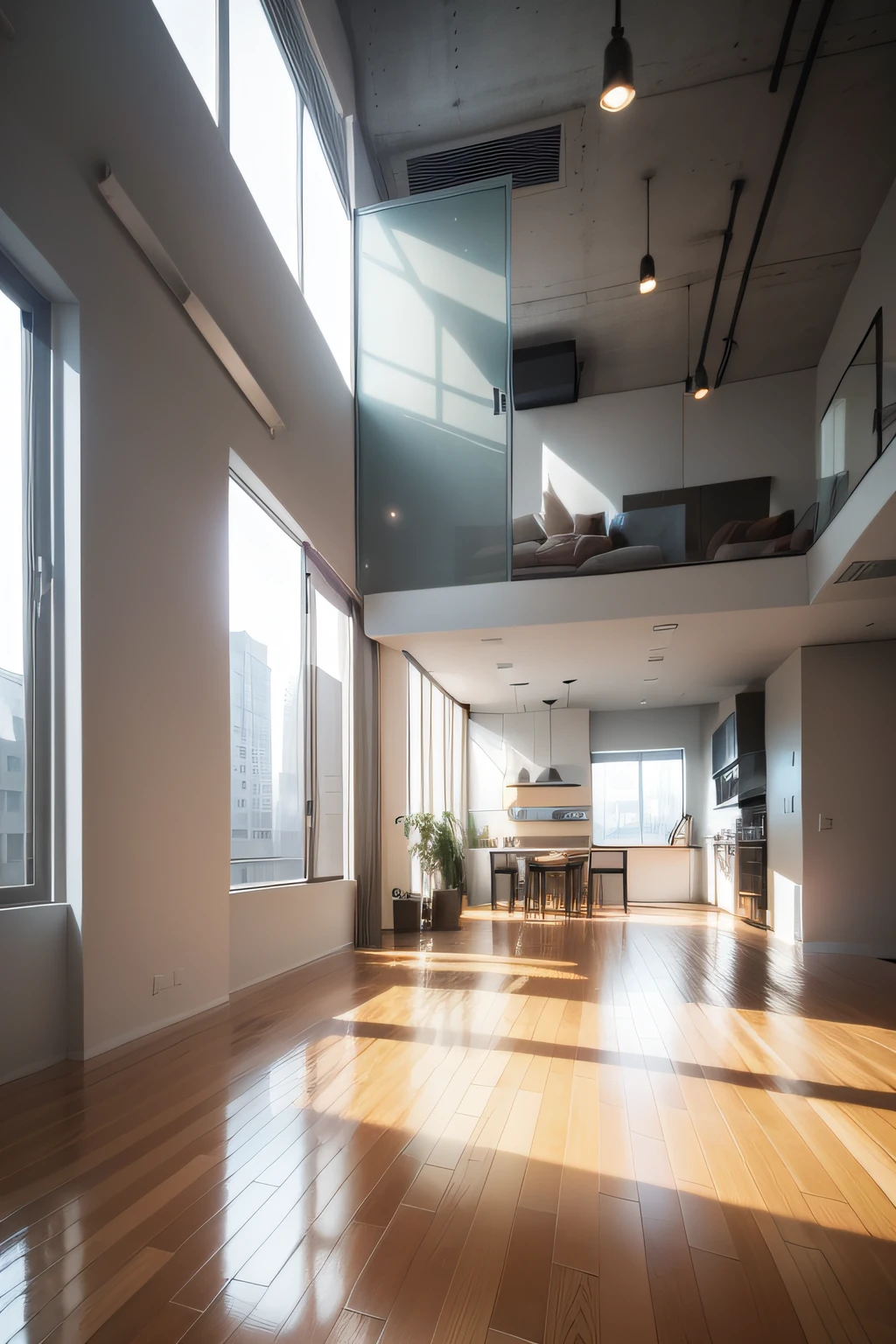 Crie a imagem: Imagine a modern loft with floor-to-ceiling windows that flood the space with natural light. This characteristic is the starting point of our narrative.
