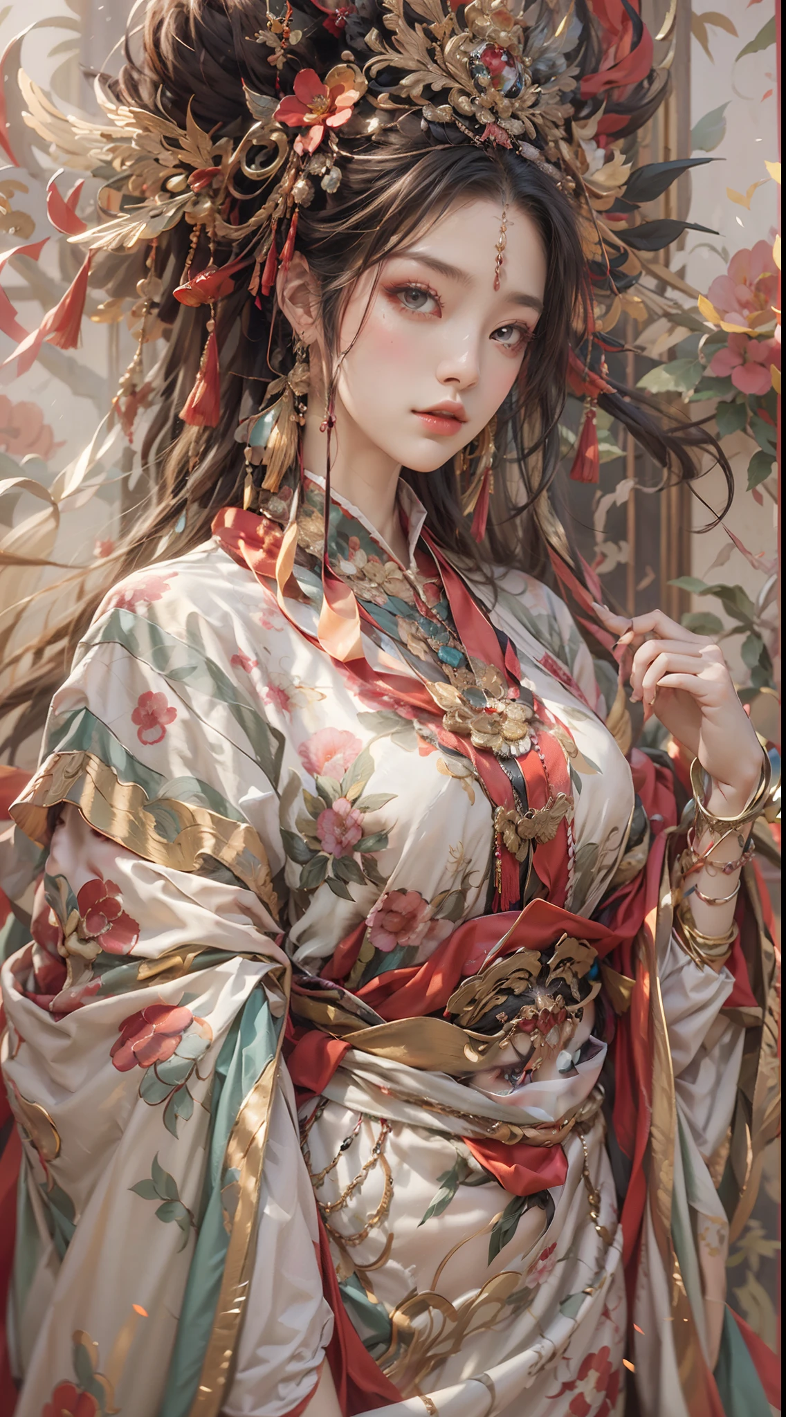 offcial art，Extremely detailed，oil painted，sputtering，1girll，The facial features are delicate and beautiful, non blurry，Red eyeshadow，light make-up，Gorgeous damask and silk accessories，Gorgeous feathers and headdresses，Chinese immortals，Female fairy，The sleeves flutter，The scarf flutters，Light smile，The girl is in the center of the frame，Full of fairy，The is very detailed，Ultra-high sharpness，超高分辨率，8K，Ray traching，lightand shade contrast，Deng Huang mural，realisticlying，3D，Full body photo，