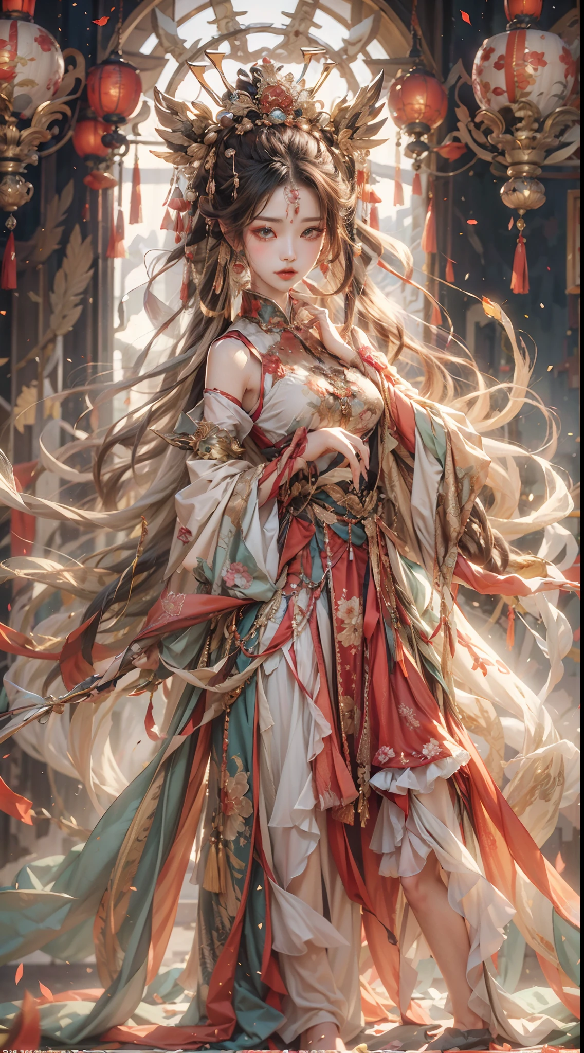 offcial art，Extremely detailed，oil painted，sputtering，1girll，The facial features are delicate and beautiful, non blurry，Red eyeshadow，light make-up，Gorgeous damask and silk accessories，Gorgeous feathers and headdresses，Chinese immortals，Female fairy，The sleeves flutter，The scarf flutters，Light smile，The girl is in the center of the frame，Full of fairy，The is very detailed，Ultra-high sharpness，超高分辨率，8K，Ray traching，lightand shade contrast，Deng Huang mural，realisticlying，3D，Full body photo，