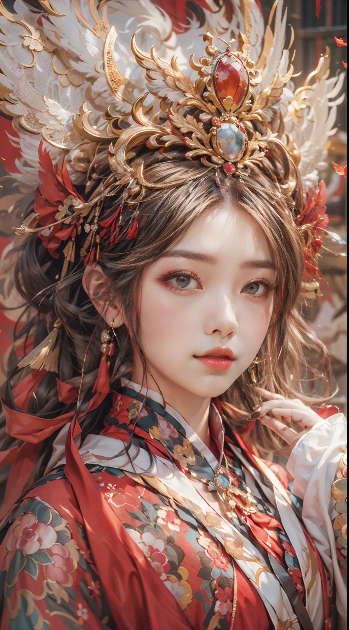 offcial art,Extremely detailed,oil painted,sputtering,1girll,The facial features are delicate and beautiful, non blurry,Red eyeshadow,light make-up,Gorgeous damask and silk accessories,Gorgeous feathers and headdresses,Chinese immortals,Female fairy,The sleeves flutter,The scarf flutters,Light smile,The girl is in the center of the frame,Full of fairy,The is very detailed,Ultra-high sharpness,超高分辨率,8K,Ray traching,lightand shade contrast,Deng Huang mural,realisticlying,3D,Full body photo,