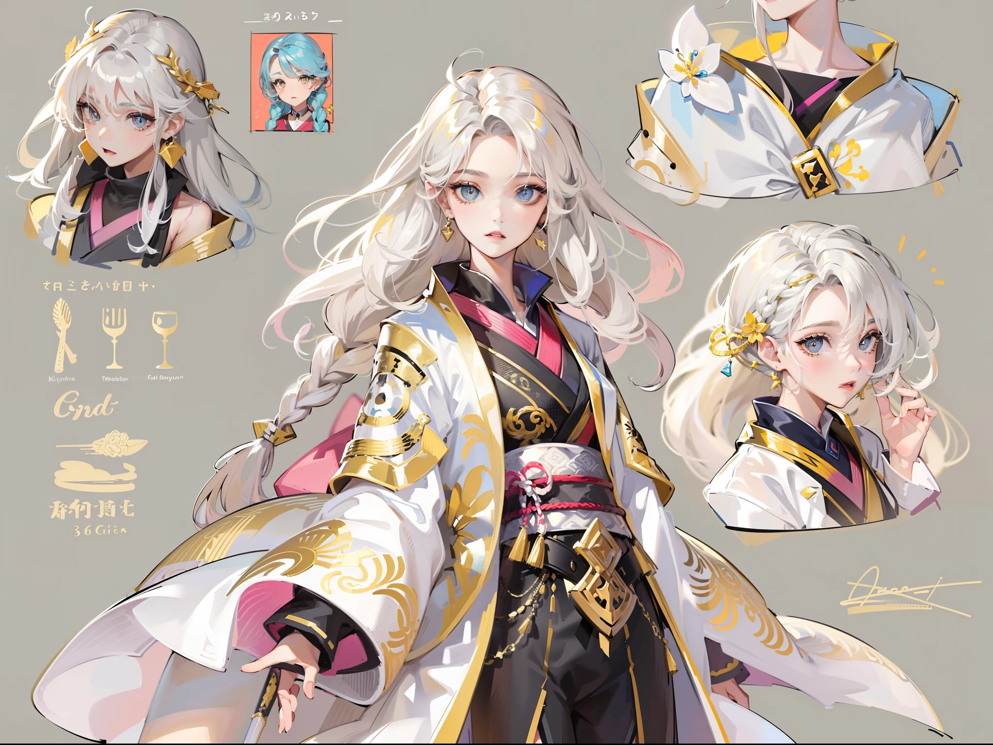 ((Masterpiece, Highest quality)), Detailed face, CharacterDesignSheet， full bodyesbian, Full of details, Multiple poses and expressions, Highly detailed, Depth, Many parts，A beautiful girl with white hair，Tie-double twisted braids，He wears a golden hairpin，Wearing a white and pink and gold kimono，Behind him is a cyan and gold cloak，The lower body is wearing white stockings，bare-legged，Light pink pupils，epic exquisite  character art, Amazing characters