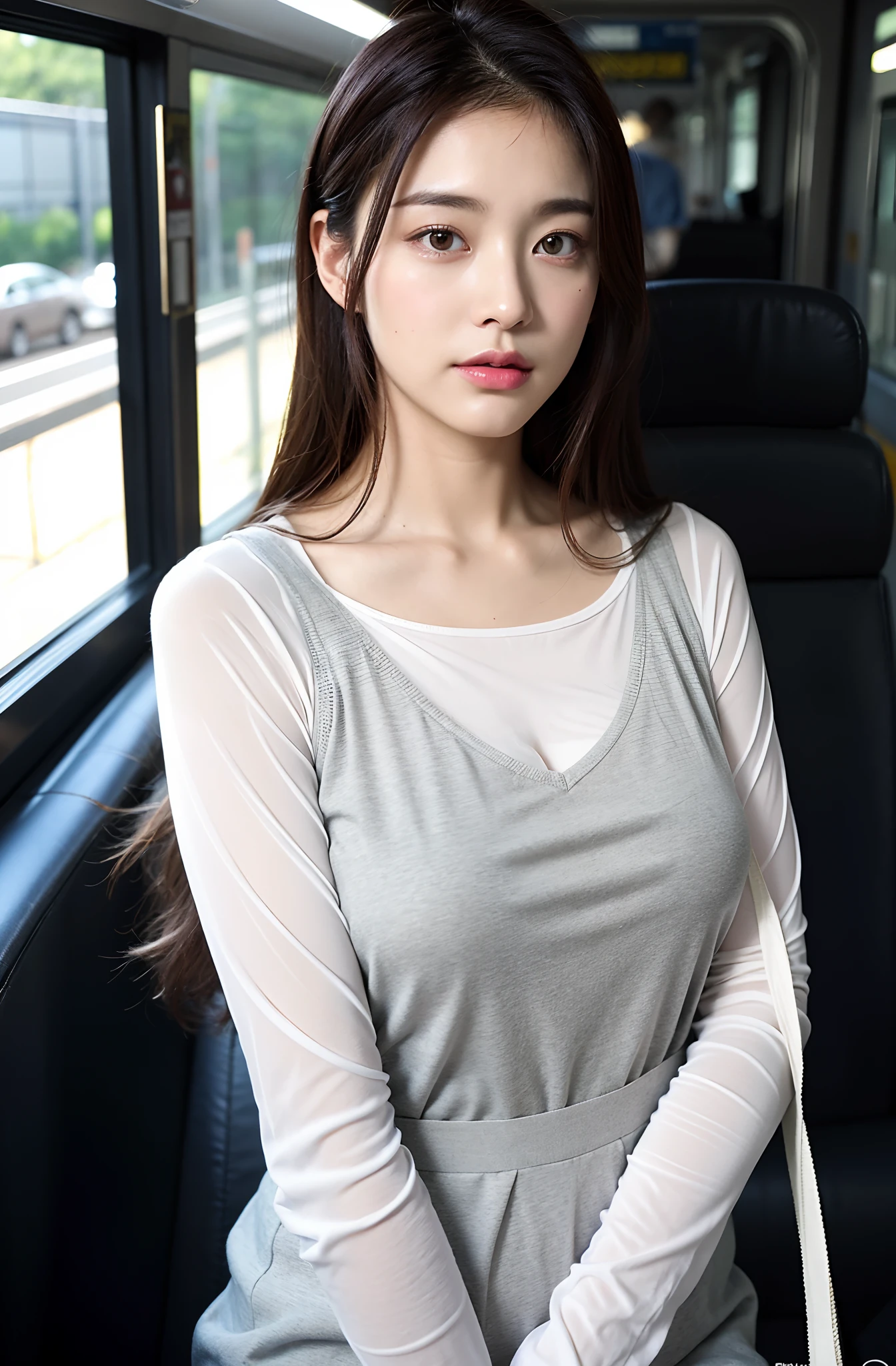 8K、top-quality、​masterpiece、超A high resolution、Photo Beautiful Japan woman、Elegance、There is a good、Raised corners of the mouth、Intellectual atmosphere、Moist beauty、The eyes are far away、Transparent atmosphere、Beautiful face、Gradient lighting、1girl in、Delicate skin、Look into the distance、Brown-eyed、breasts are large、(realisitic:1.4)、(top-quality:1.0)、(超A high resolution:1.0)、8K、Raw photography、(pureerosface_v1:0.5)、Sheer tops、You can see through the inside、Sheer Jersey、Crewneck、high-necked、long-sleeve、Long sleeve、Light gray color、want me、Take your eyes off、on train、by the window、erect through、total darkness、subject、Lean、Look here、tote bags、deep in the night、Ass big、bbw、Bangs shed to the side、organize your hairstyle well、eyes to eyes、Moist beauty、