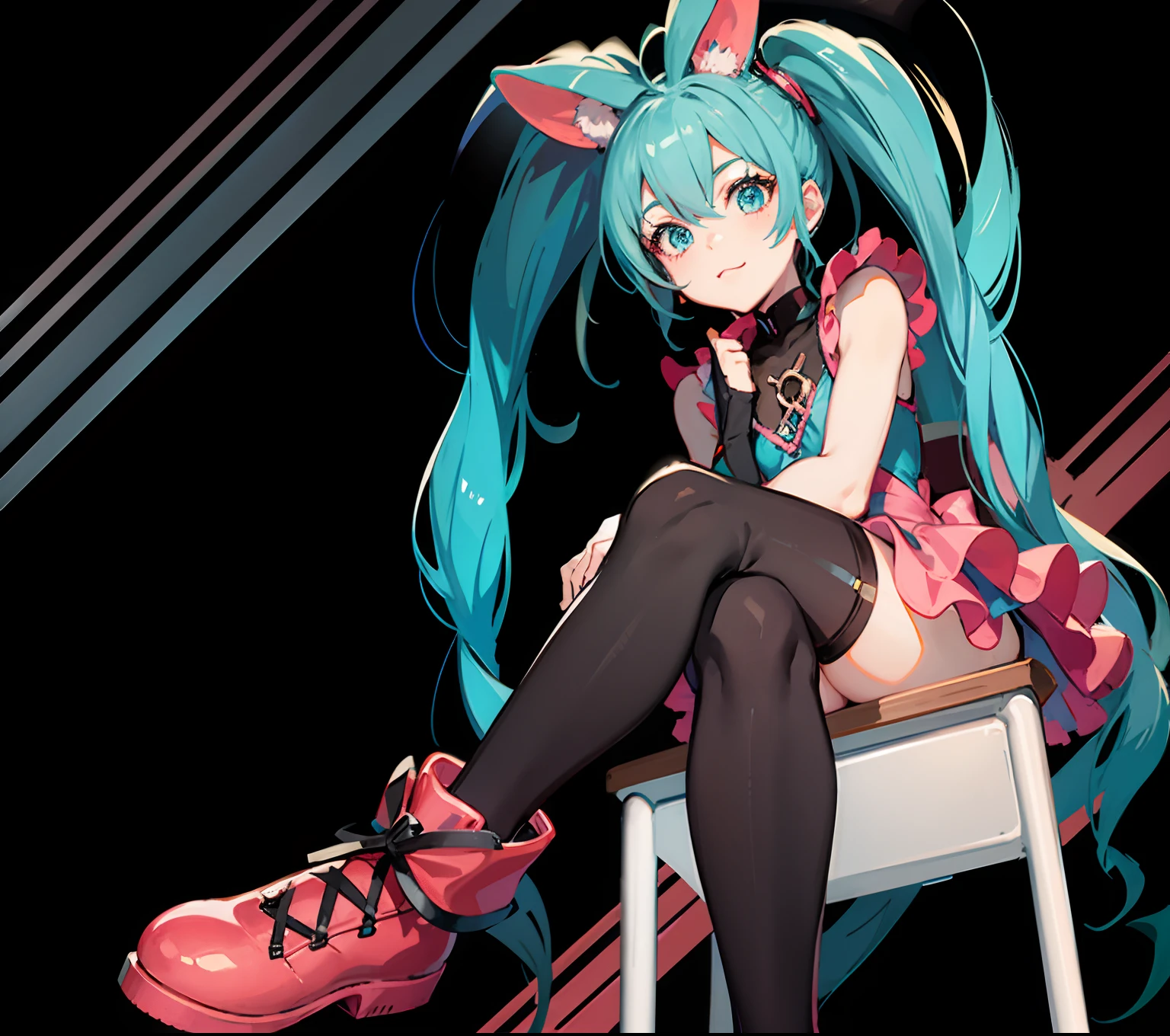 pixiv, hyper detailed, harajuku fasion, futuristic fashion, anime girl, headphone, hatsune miku, pantyhose, simple background, no shoes