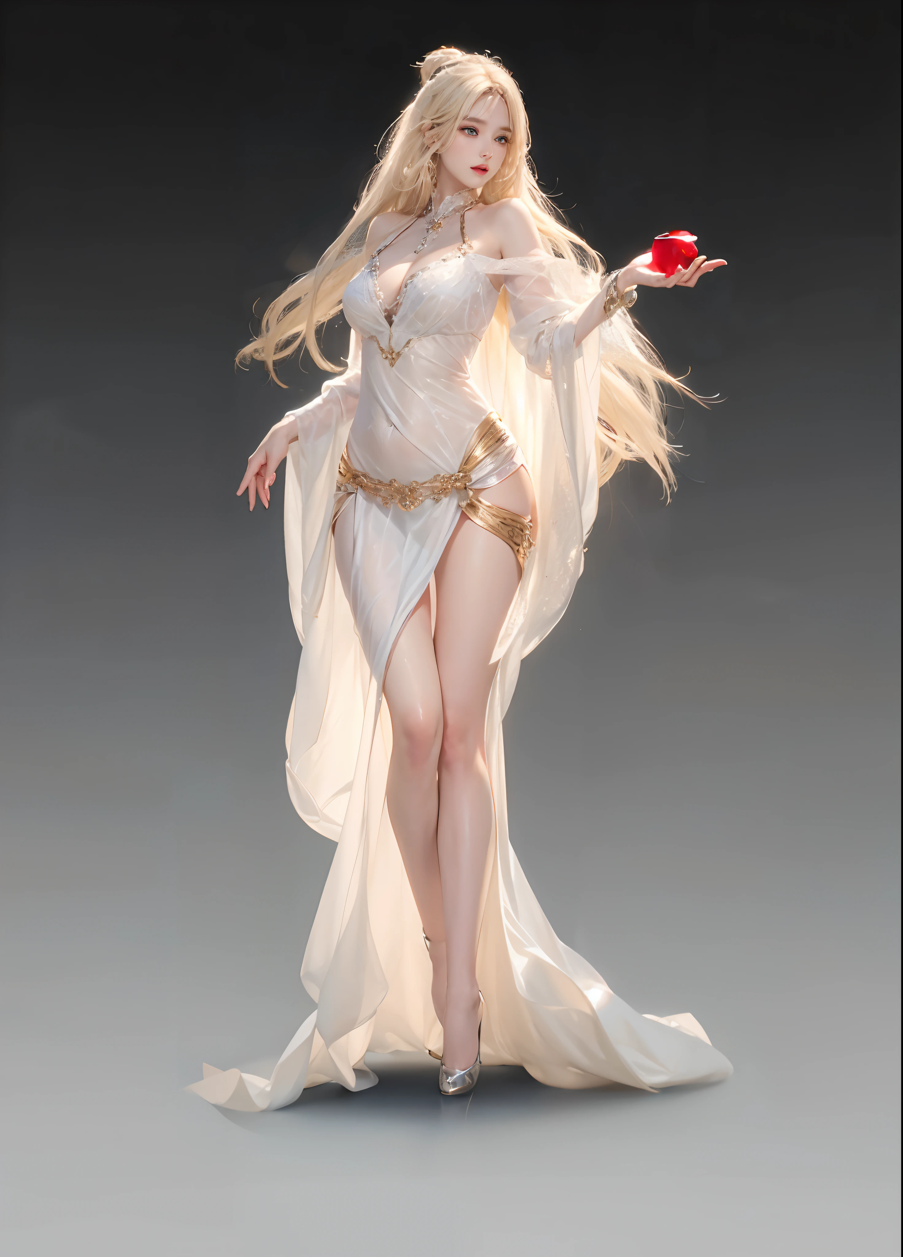 a woman in a long silver solid draped spaghetti dress, silver high heels, diamond hair piece, 17 years old, shoulder length slightly wavy hair, ((champagne coloured hair)) and gleaming detailed vibrant hazel eyes, slim frame, medium breasts, long legs, beautiful face, small butt size, small feet size, small hand size, perfect hands, scary face, beautiful face, pretty face, hot woman, British woman, cream skin, small soft pink lips , small breast size, slim figure, standing pose