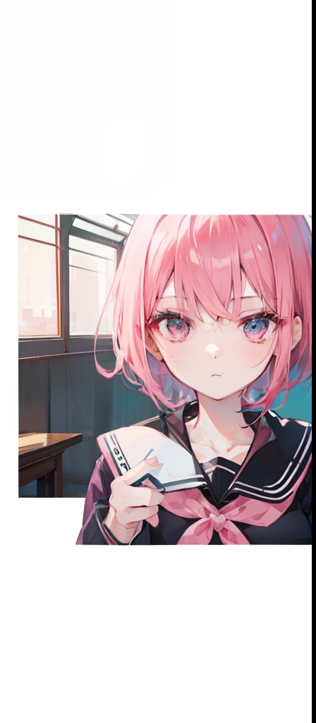 Short pink hair with a sense of transparency,Wear a pink collar,"Contemporary Chinese School Uniform" with pink edge,Like a very light sweet girl,The picture shows "School uniforms in contemporary China."