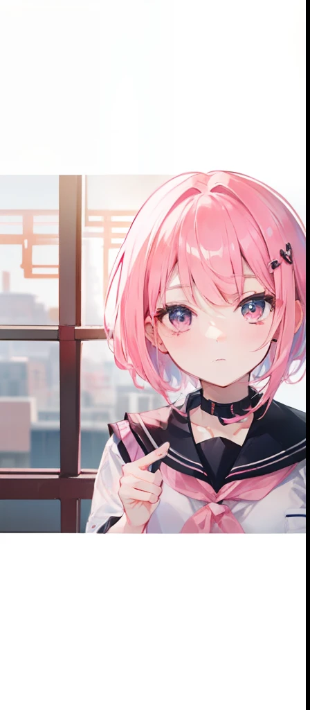 Short pink hair with a sense of transparency,Wear a pink collar,"Contemporary Chinese School Uniform" with pink edge,Like a very light sweet girl,The picture shows "School uniforms in contemporary China."