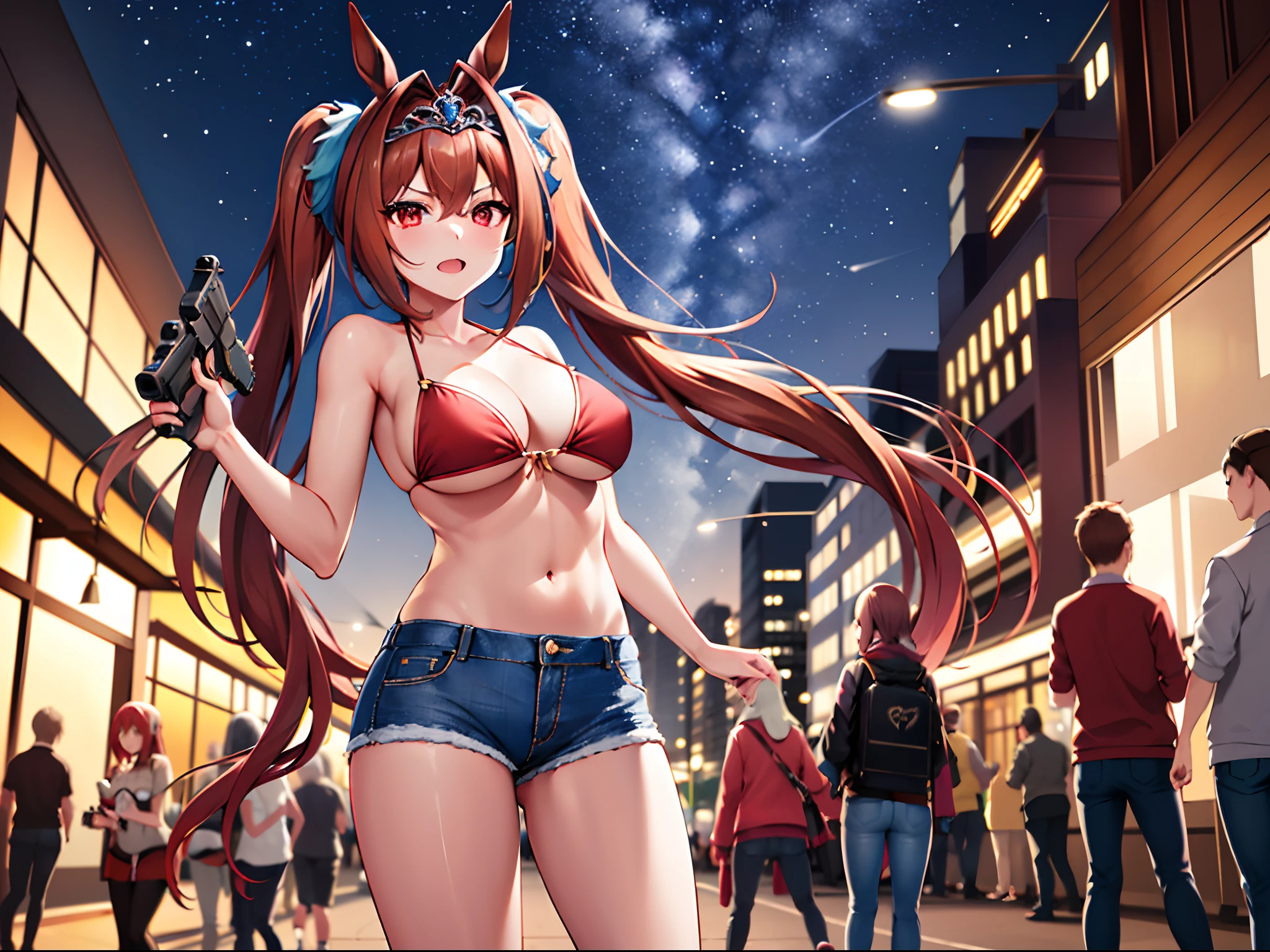 masterpiece, Best Quality,top-quality,{{{Daiwa Scarlet \Umamusume}}},{{{Twin-tailed}}},very long twintails,horse ear,Brown hair,tiarra,{{{Tiara on the head}}},Red Eyes,Glaring at viewers,Red bikini,Very short blue denim,Big,1人,Shoot guns at viewers,{{{During shooting}}},{{{Long Gun}}},Face Focus,Empty city center,{{{Midnight}}}