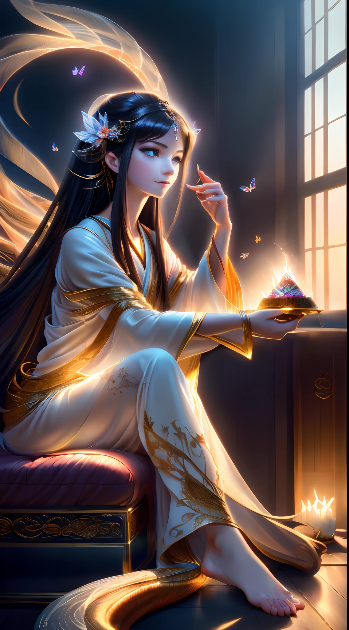 Kizi,Snake demon,(Beautiful feet), (Beautiful fingers),long whitr hair, glowing hairs, (Ultra-detailed hand close-up), ((Detailed close-up of the face)), hair adornments, (Light silk), (Glazed tulle),(Subtle warm light), (Extremely colorful), Movie special effects, Sit on a recliner, Lazy posture, Holding a glowing butterfly,impressionistic, tmasterpiece, ultra-detailliert, Epic composition, high qulity, HighestQuali, 4K