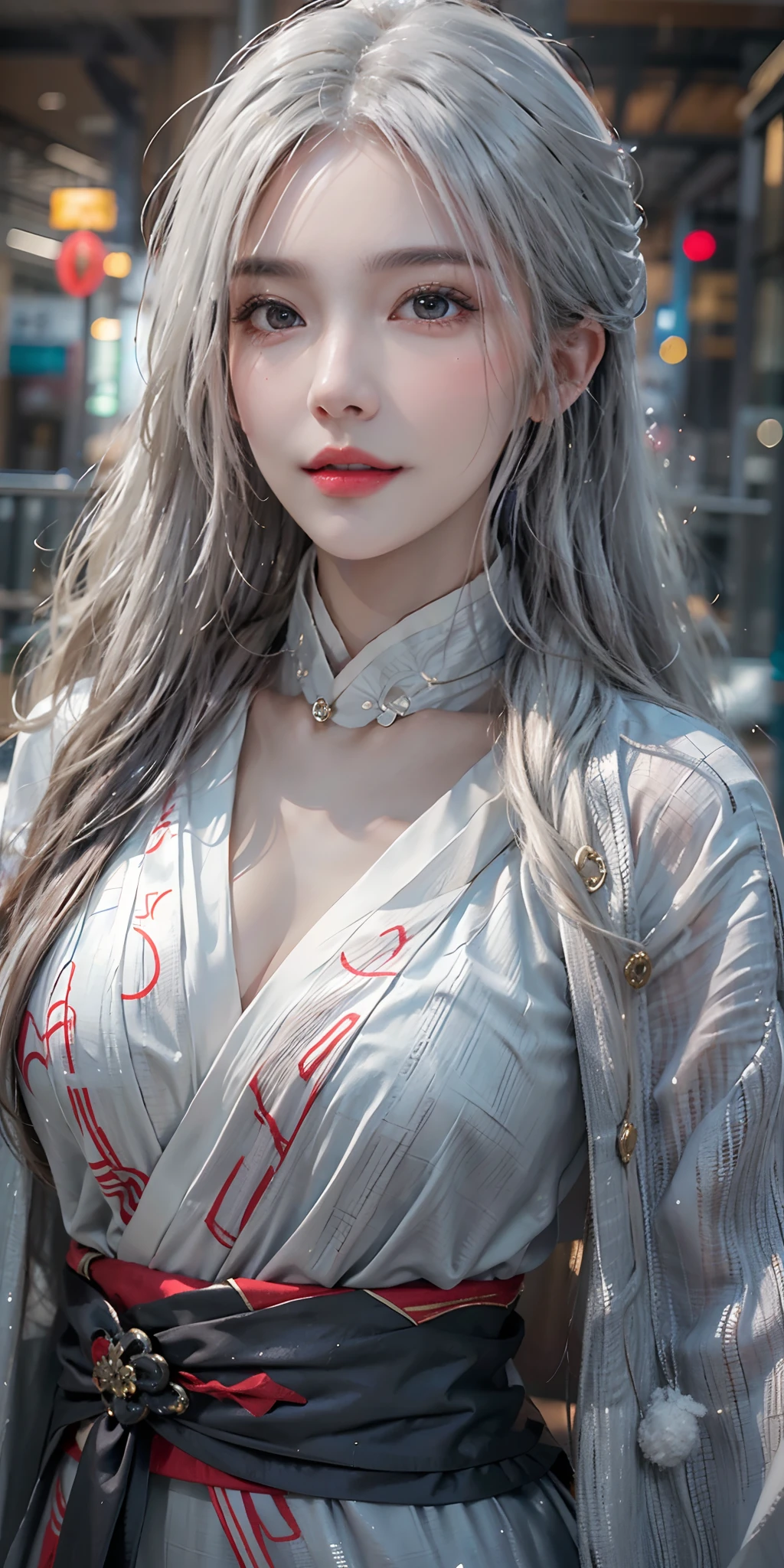 photorealistic, high resolution, 1 girl, hips up, beautiful eyes, light white hair, intricate brocade hanfu, gorgeous accessories, wearing pearl earrings, corlorfulclothes, Chinese architecture