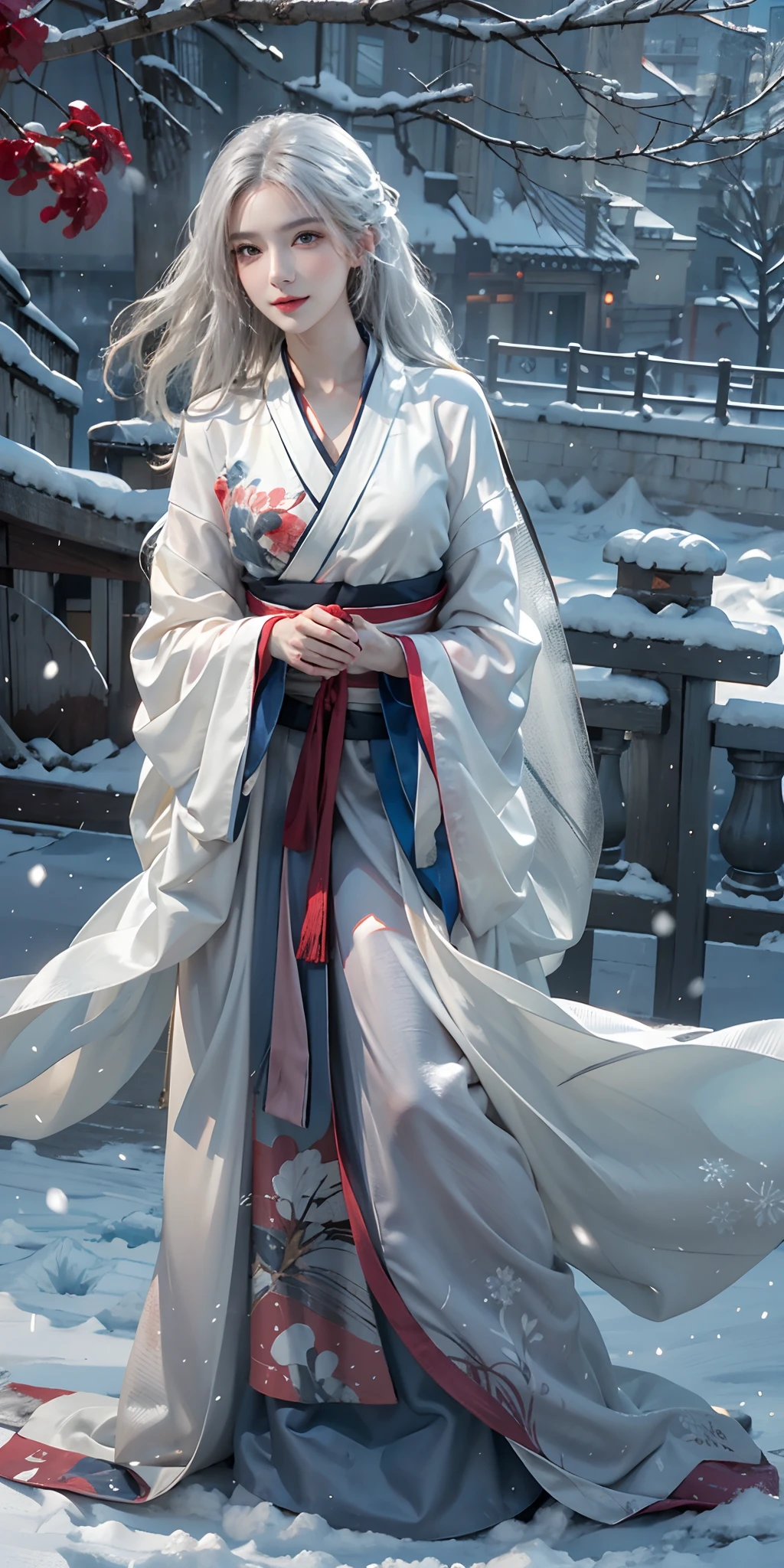photorealistic, high resolution, soft light,1women, solo, hips up, shining skin, (detailed face),tattoo, jewelry, winter hanfu, cloak, snow, night, white wavy hair, Beautiful Soldier, Eyes That Invite Viewer, Lover's Perspective, Inviting Expression, Sexy Smile, Perfect Style, Perfect Balance, Detailed Skin, Naughty Gaze, Chest Visible