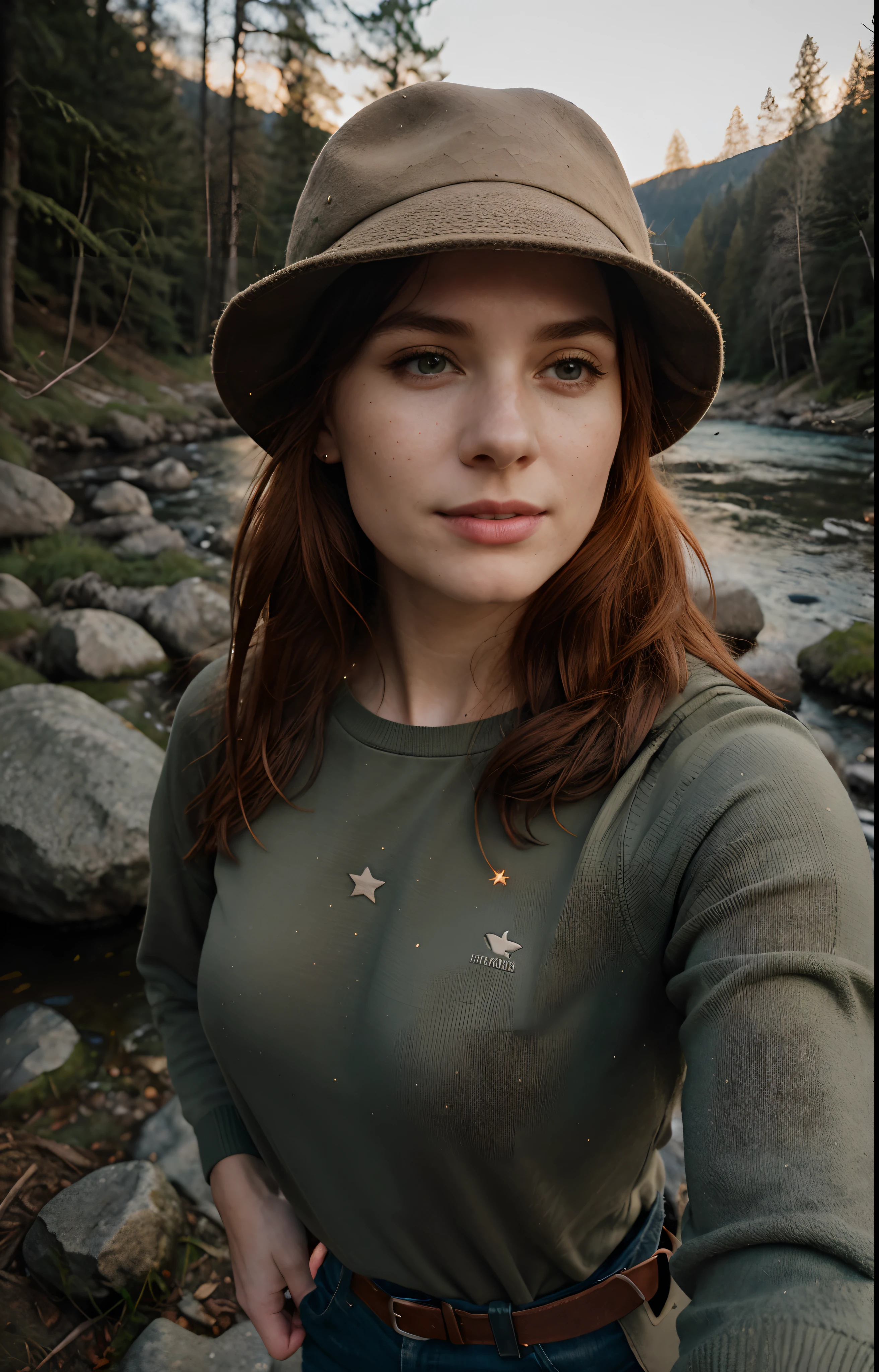 1 woman ((upper body selfie, happy)) Reddish Hair, ((delicate features)), Bright Green Eyes, ((18 Years)), ((Extremely Intense and Detailed Skin)), 16K, masterpiece, best quality, ultra-detailed, solo, outdoor, (night), mountains, nature, (stars, moon) cheerful, happy, backpack, sleeping bag, camping stove, water bottle, mountain boots, gloves, sweater, hat, flashlight, forest, rocks, river, wood, smoke, shadows, contrast, clear sky, style, (warm hue, warm tone:1.2), close-up, cinematic light, sidelighting, ultra high resolution, best shadow, RAW, Canon EOS 5D Mark IV Cam , upper body, wearing pullover,