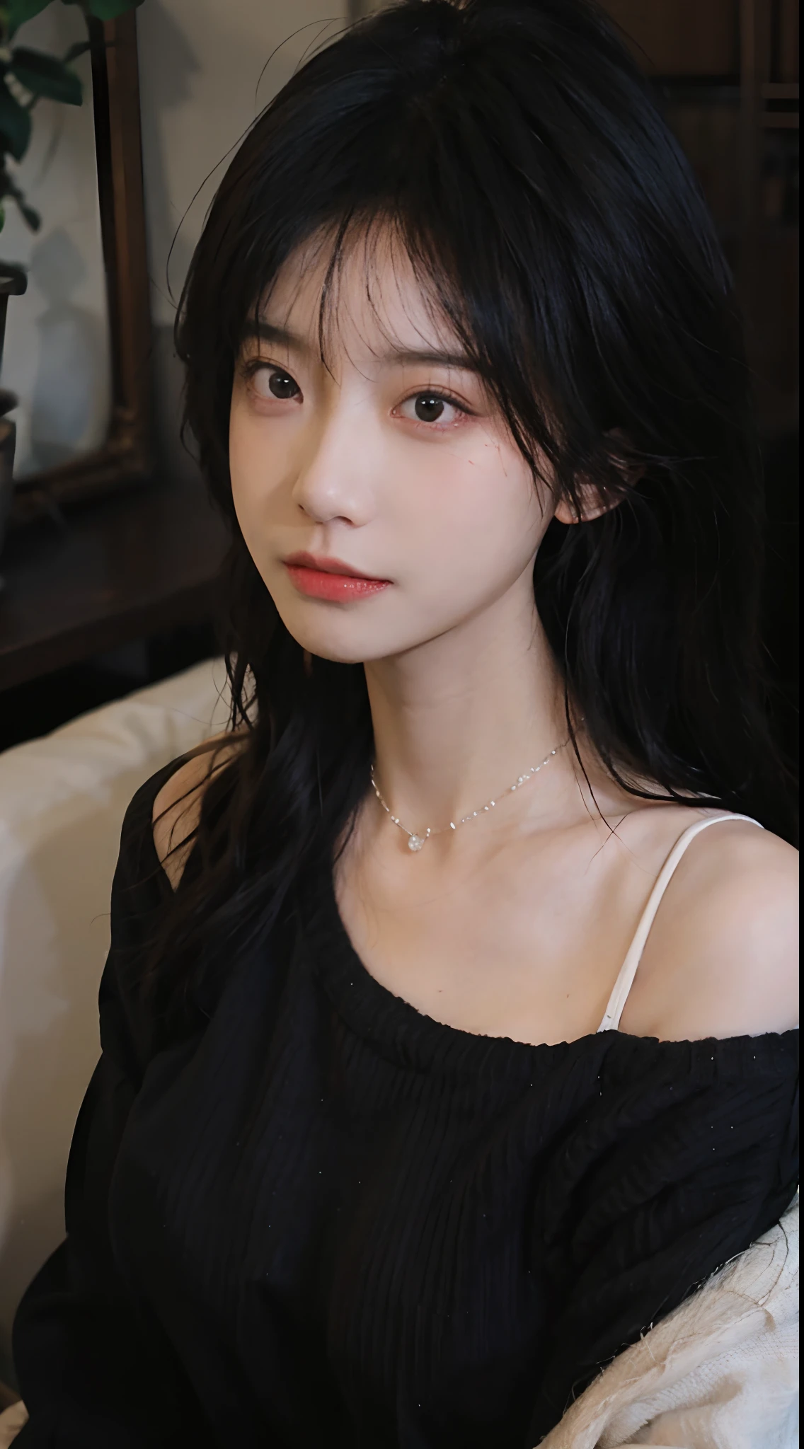 best qualtiy, 超高分辨率, (realisticlying:1.4),cute hairpin,1girll,,Cropped black sweater ,Full of atmosphere,Beautiful woman with a slim figure:1.4, Abs:1.1, 浴室,Ultra-fine face,Elaborate Eyes,二重まぶた,choker necklace