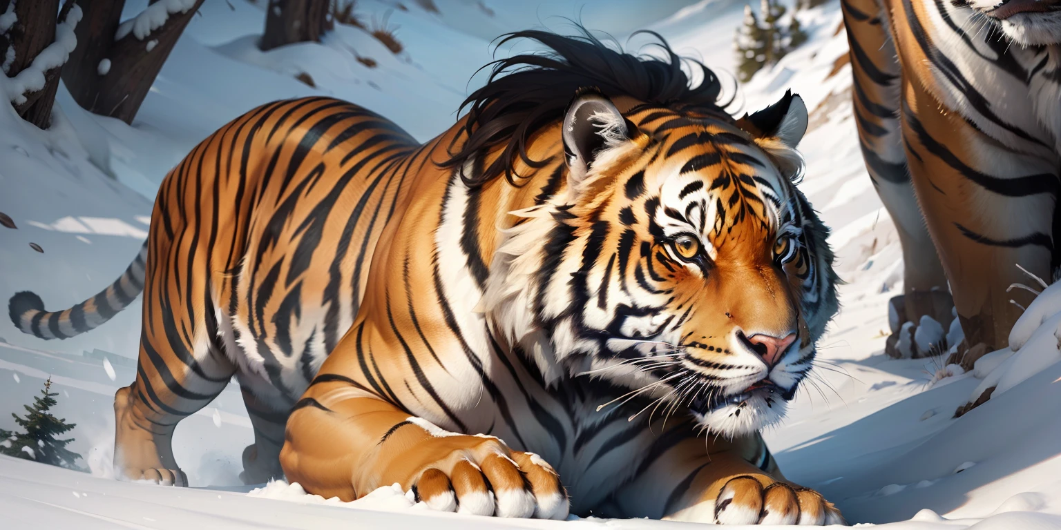 A tiger 8K looks at the camera, This tiger looks powerful, He looked like he was going up the hill, He has a very nice mane, delicate textures, Strong muscle lines