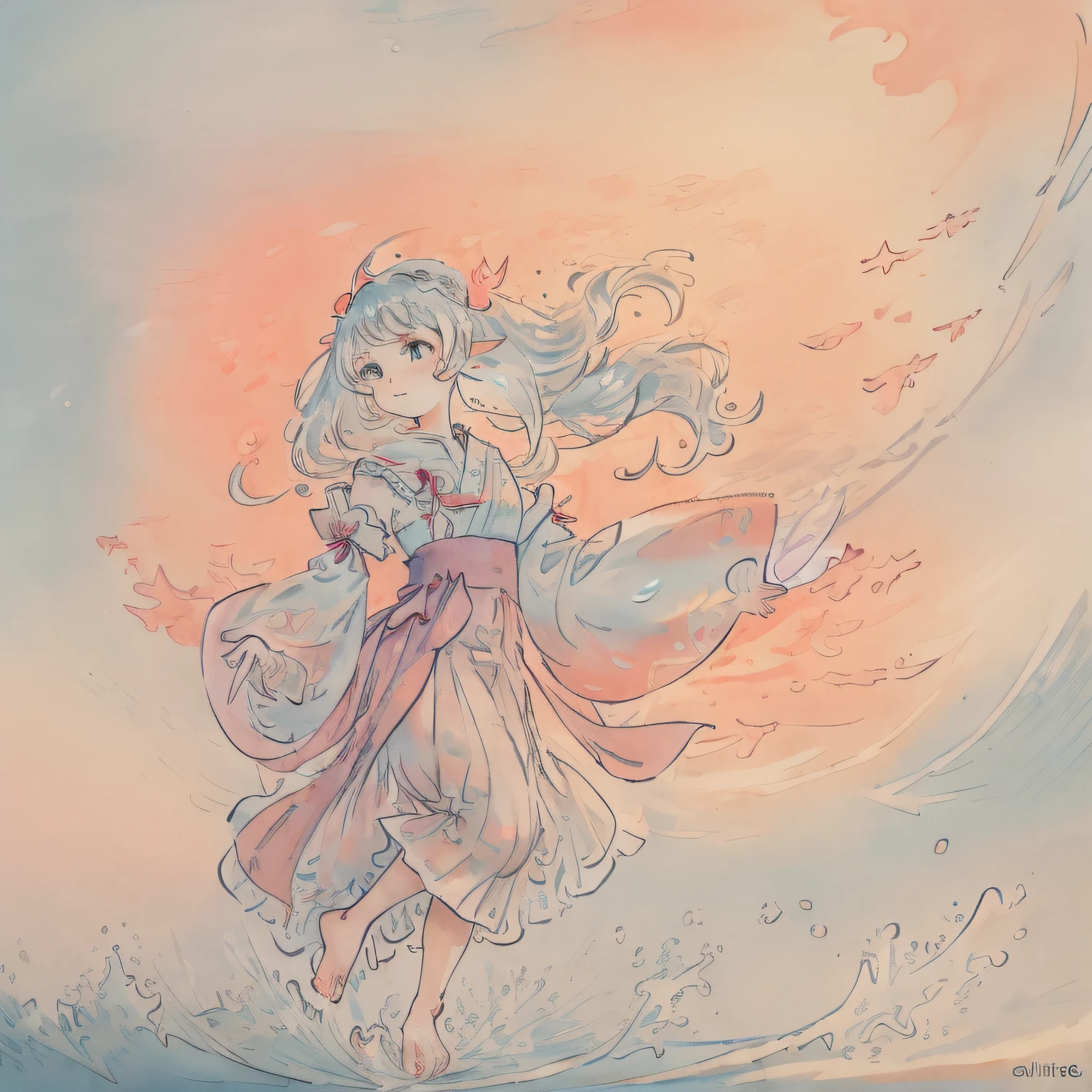 dream,(((extremely detailed CG unity 8k wallpaper))),{painting},(((ink))),amazing,Depth of field,{{best quality}},{{masterpiece}},highres,dynamic angle,(illustration),cinematic lighting,{1girl},((wavy silver hair)),((loli)),((extremely_detailed_eyes_and_face)),(detailed flooding bare feet:1.5),translucent pink skirt,gemological hair,french braid,pointy ears,looking at viewer,{{translucent fluttering skirt}},yellow hairpin,{{white dress with pink lace with yellow decoration}},sleeves past wrists,((sleeves past fingers)),walking_motion,strapless dress,ocean waves,wind,(((glistening light of waves))),{detailed sunset glow},(floating flow),((coral)),(Luminous),coast,{floating colorful bubbles},beautiful detailed sky,{fluorescence},detailed shadow,(conch),beautiful detailed water,drenched,starfish,meteor,rainbow,(seabirds),{glinting stars}, (glowworm),(splash),,detailed cloud,shell,{fireworks}