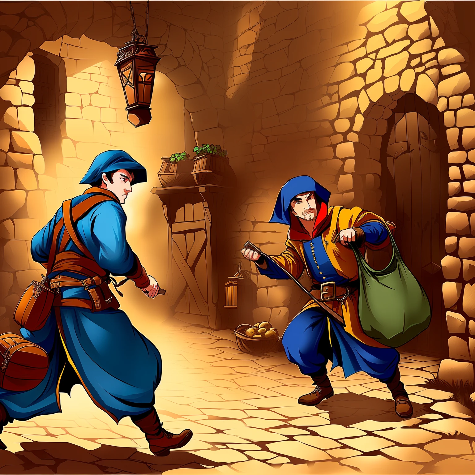 Masked thief,Carry a bag of swag,Sneaky escape。medieval times,Europeans,Game illustration style