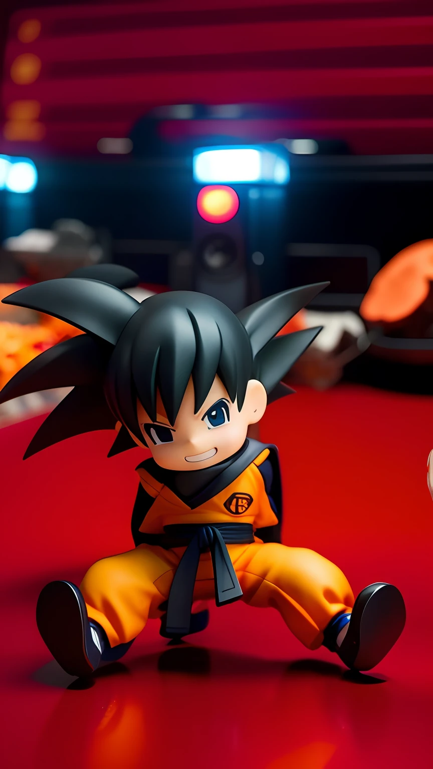 an anime nendoroid of son goku, Akira Toriyama风格, taken with a Sony A7R camera, taken with sony alpha 9, toriyama akira, captured with sony a3 camera, good smile company anime style, Nendoroid 3D, Akira Toriyama ,starrysky,Cool particles,tmasterpiece,4k wallpaper,Movies wide