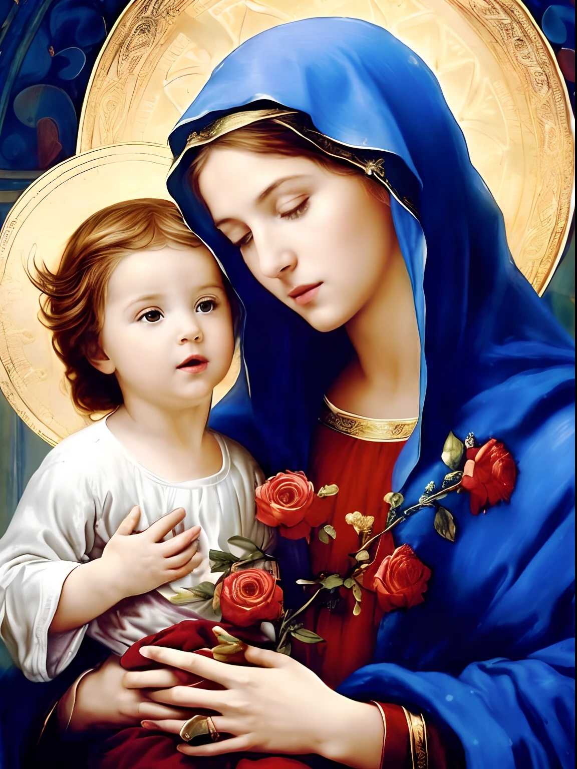 (((Blessed Virgin Mary and the Jesus. 19 years old))) ((( Con una cara seria y piadosa. Con una mirada dulce y tierna))) (obra maestra, calidad superior, mejor calidad, arte oficial, beautiful and aesthetic: 1.2), (1girl), extremadamente detallado, (Arte fractal: 1.3), colorido, highest detailed, Cara perfecta, parte superior del cuerpo, HDR, (orando: 1.3), (golden lines of white coat: 1.2), galaxia, (rayas de luz), eye-catching visuals, (dynamic stripes, senderos luminosos: 1.2), colores vibrantes,