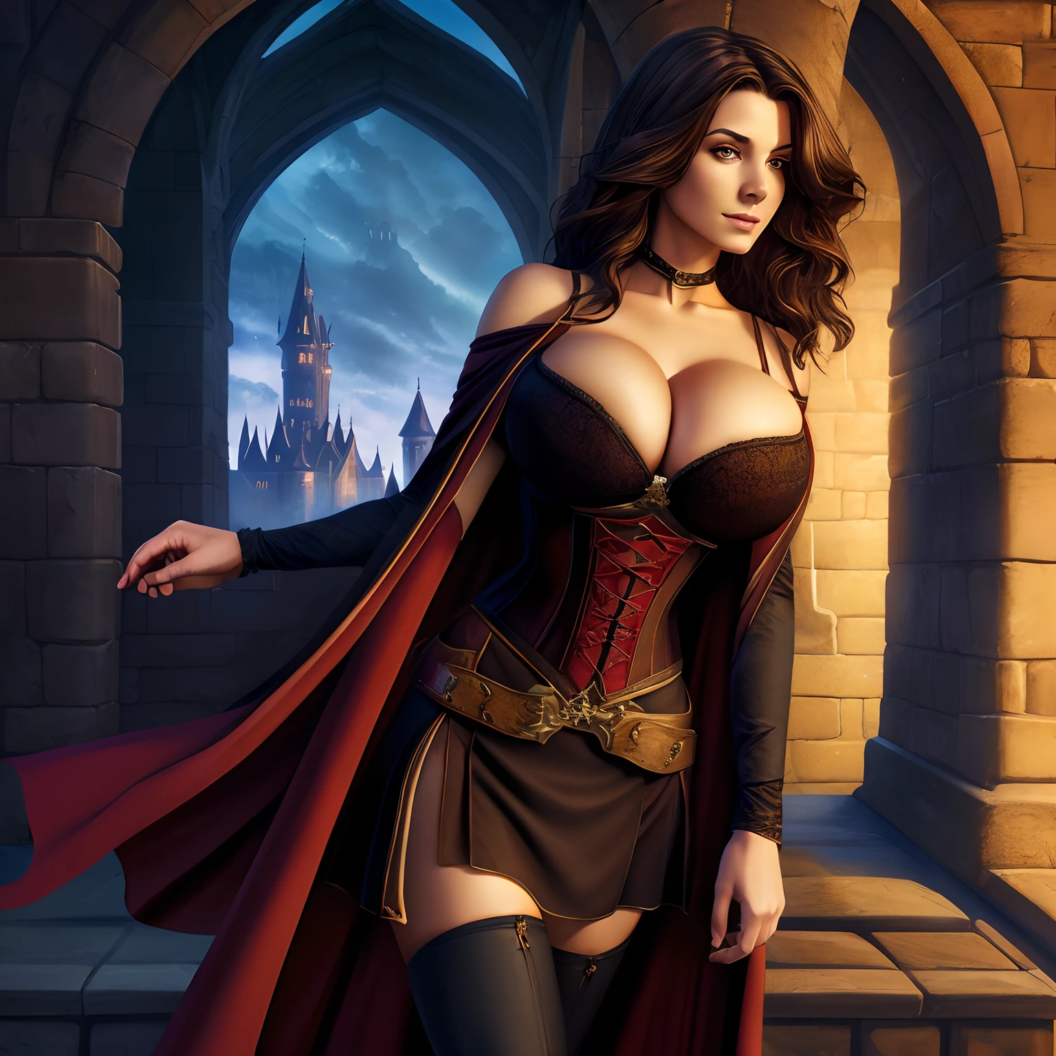 (masterpiece, top quality, best quality, official art, beautiful and aesthetic:1.2), (1girl:1.3), long and curly dark brown hair, extremely detailed, portrait, looking at viewer, solo, (full body:0.6), detailed background, close up, mischievous eyes, (warm summer castle theme:1.1), sorceress, charlatan, smirk, mysterious, walking in courtyard, revealing ((dark red)) sorcerer attire, red knee-length red skirt, off shoulder, straps, long sleeves, loose sleeves, cloak, corset, black leggings, black trousers, black pants, long brown boots, buckles, straps, pouches, magic energy, red fabric, white trim, ((((gigantic breasts, cleavage, skindentation)))), slim waist, slim hips, long legs, medieval (castle exterior:1.1) background, dark mysterious lighting, shadows, magical atmosphere, dutch angle