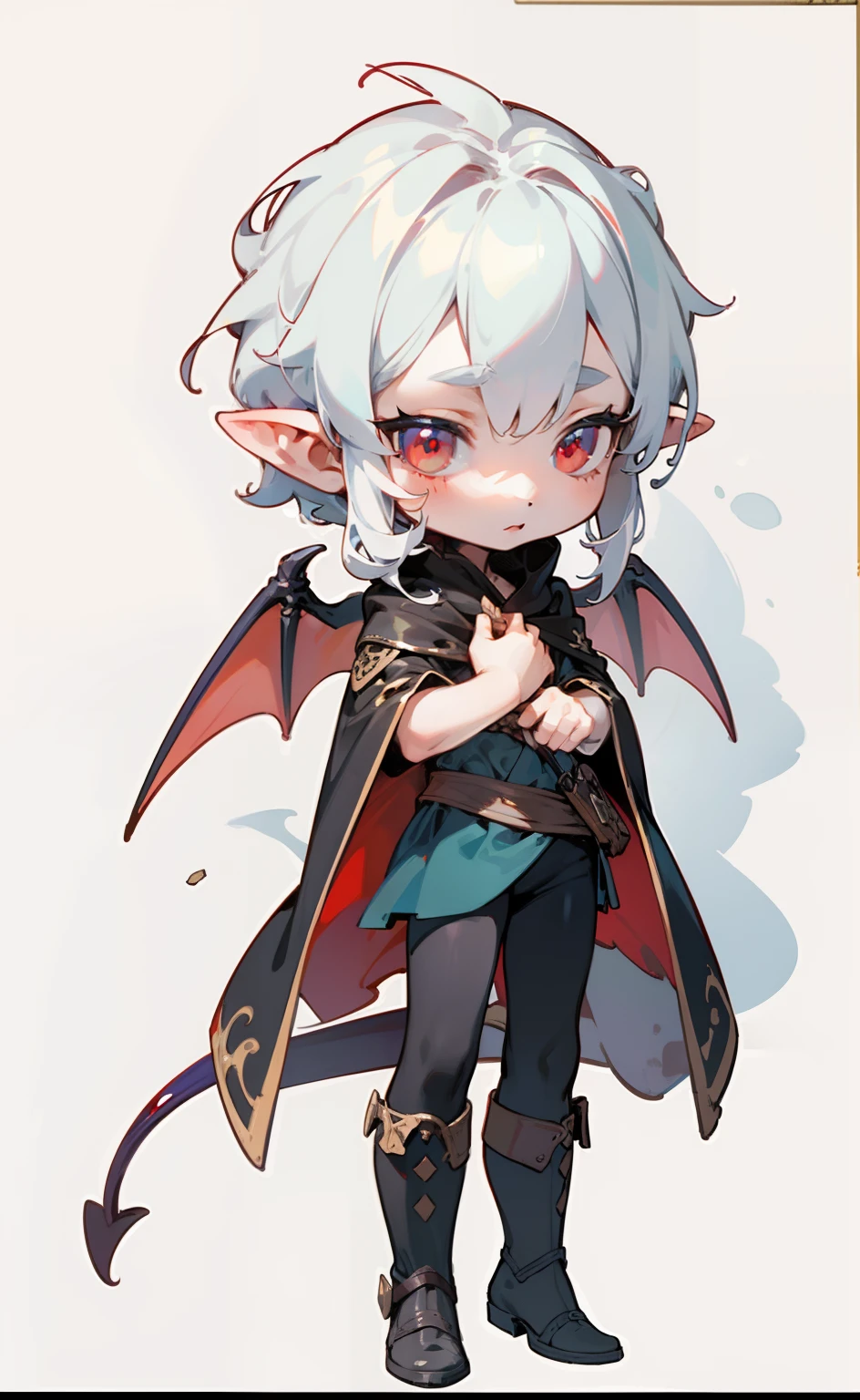 tiny faeries，Soft white hair，red eyes，pointy ears，Vampires，Demon tail，a black cloak；Game illustration，Lovely 2D image；Cold perfect face and soft skin；Floating on the grass，detail-rich，splash image，8K分辨率，Perfect masterpiece；Art station digital painting smooth：A masterpiece with realistic 8K resolution；intricately details；Natural and three-dimensional lighting；复杂、fairytale-like，sprawling、fantasy。"