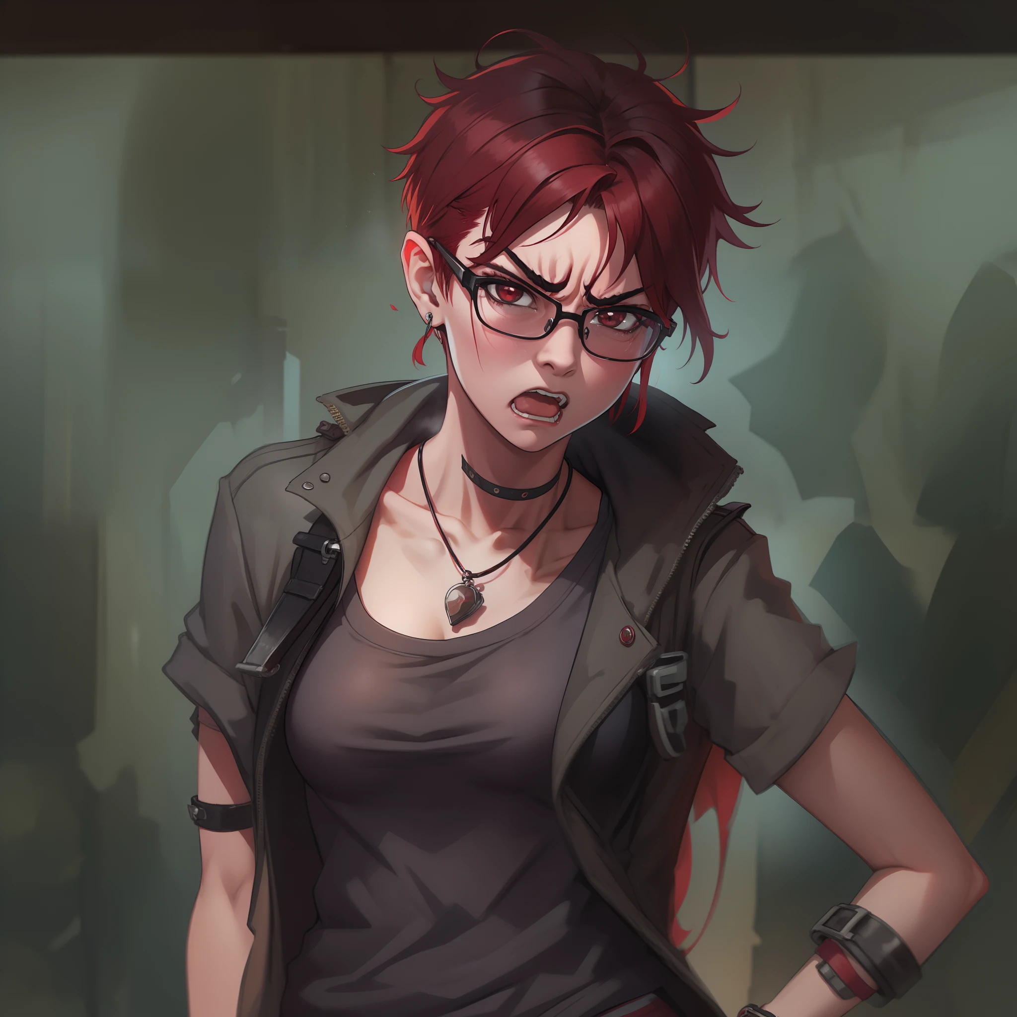 female with short shaved dark red hair, wearing glasses, angry, wearing casual punk clothing