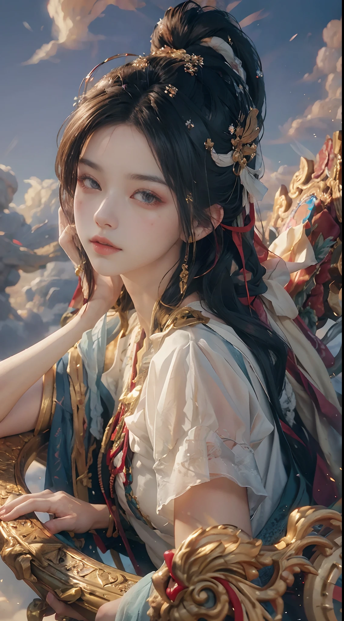 (from above), (dynamic pose), (((white cloud background))), (((high saturation))), ((surrounded by color splashes))) (RAW photo, best quality), (realistic, photo fidelity: 1.3), best quality, highly detailed, masterpiece, hyperdetail, illustration, (1girl: 1.3), (8k, original photo, best quality, masterplece), (photon mapping, radiometry, physically based rendering, auto white balance), ultra-detailed, Beautiful and aesthetic, beautiful, masterpiece, best quality, close-up of a woman with white hair and white mask, beautiful figure painting, Guvitz, Guvitz style artwork, white-haired god, Yang J, epic exquisite character art, stunning character art, Fan Qi, Wu Zhun Shifan, Gu Vitz in pixiv art station, many colors, upper body,