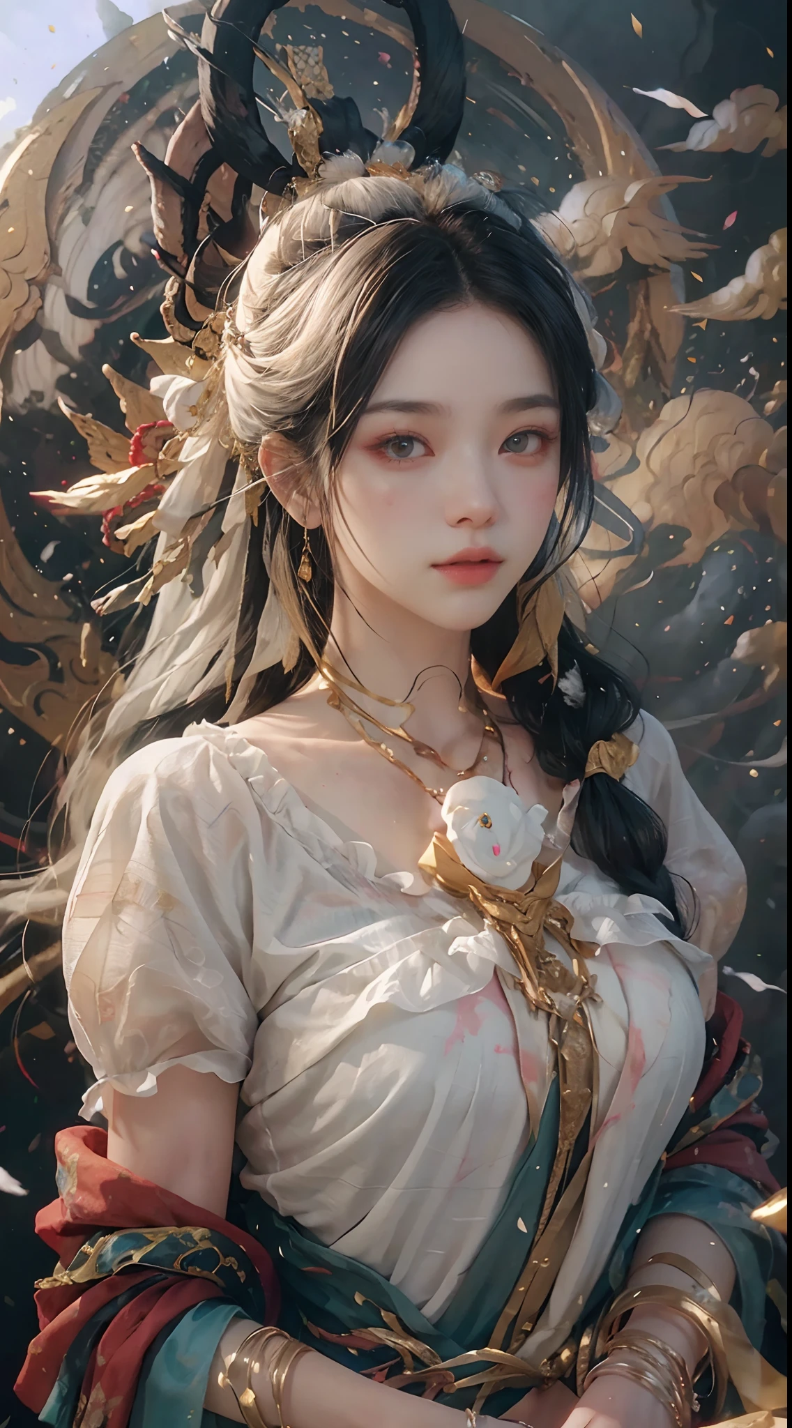 (from above), (dynamic pose), (((white cloud background))), (((high saturation))), ((surrounded by color splashes))) (RAW photo, best quality), (realistic, photo fidelity: 1.3), best quality, highly detailed, masterpiece, hyperdetail, illustration, (1girl: 1.3), (8k, original photo, best quality, masterplece), (photon mapping, radiometry, physically based rendering, auto white balance), ultra-detailed, Beautiful and aesthetic, beautiful, masterpiece, best quality, close-up of a woman with white hair and white mask, beautiful figure painting, Guvitz, Guvitz style artwork, white-haired god, Yang J, epic exquisite character art, stunning character art, Fan Qi, Wu Zhun Shifan, Gu Vitz in pixiv art station, many colors, upper body,