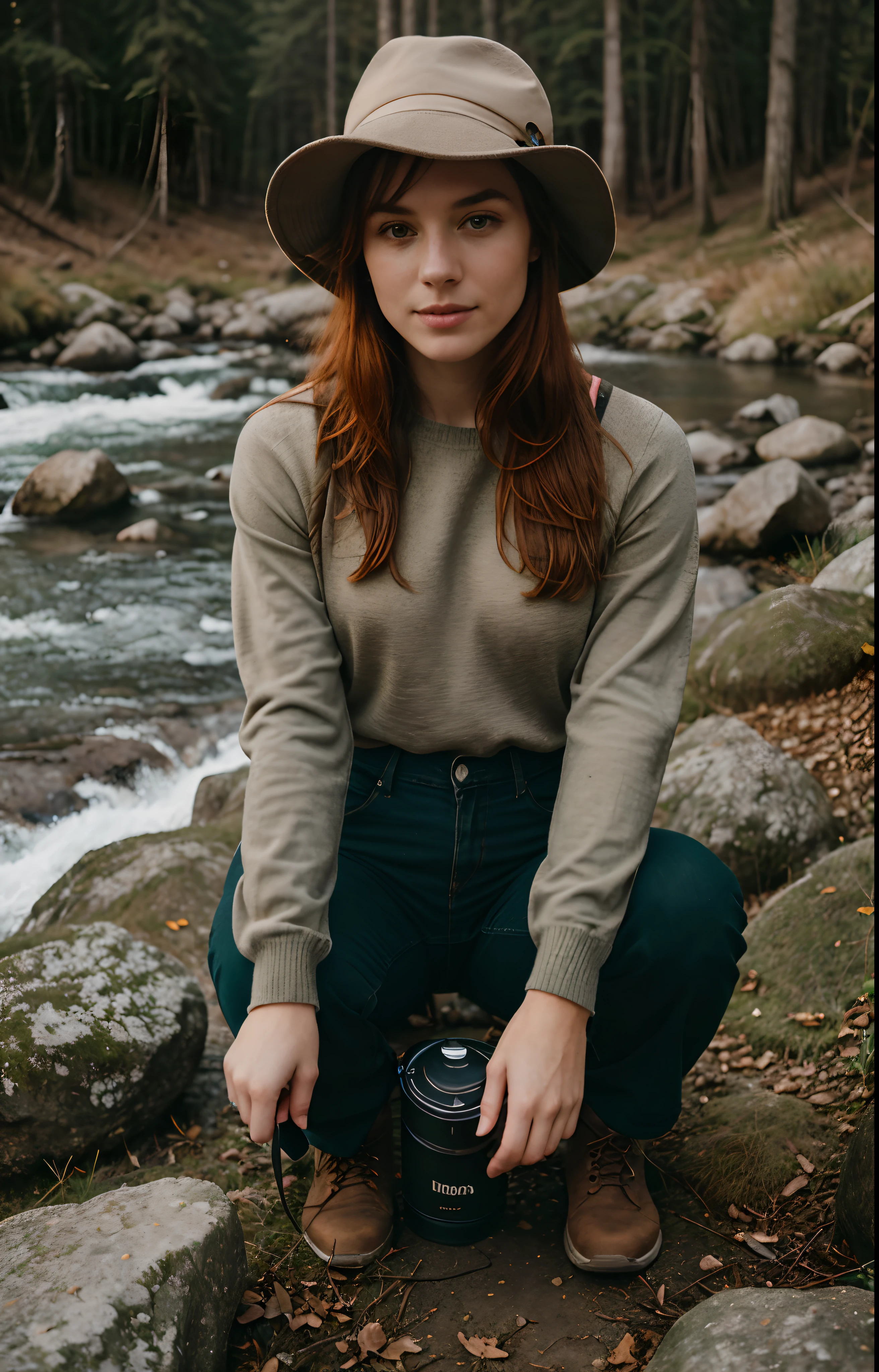 1 woman ((upper body selfie, happy)) Reddish Hair, ((delicate features)), Bright Green Eyes, ((18 Years)), ((Extremely Intense and Detailed Skin)), 16K, masterpiece, best quality, ultra-detailed, solo, outdoor, (night), mountains, nature, (stars, moon) cheerful, happy, backpack, sleeping bag, camping stove, water bottle, mountain boots, gloves, sweater, hat, flashlight, forest, rocks, river, wood, smoke, shadows, contrast, clear sky, style, (warm hue, warm tone:1.2), close-up, cinematic light, sidelighting, ultra high resolution, best shadow, RAW, Canon EOS 5D Mark IV Cam , upper body, wearing pullover,