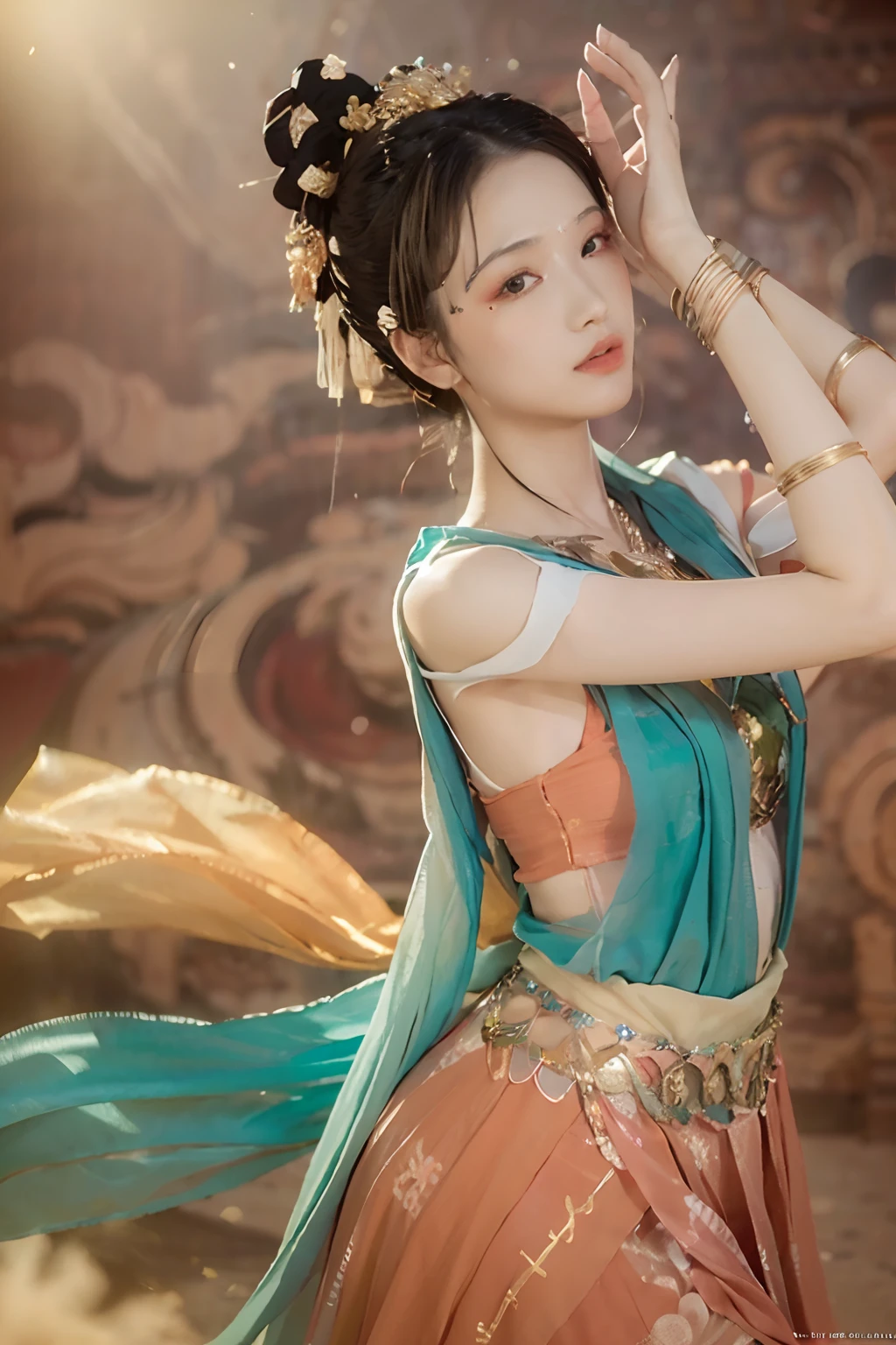 Nude beauty Buddha in transparent costume ,Sitting cross-legged on the lotus altar and meditating,The whole body is drenched in sweat,Exuding the beauty of Buddha nature,The ground is full of sacrifices
