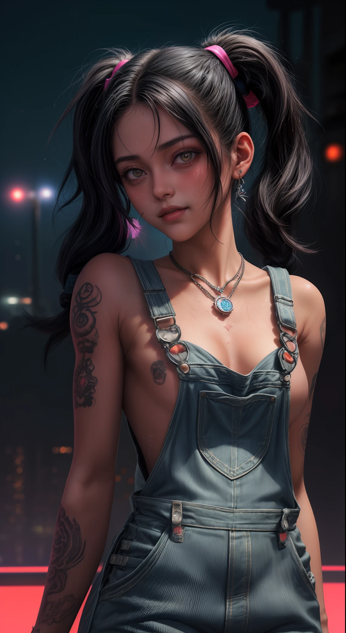 uma jovem morena de 18 anos sorrindo, (wearing overalls) cabelo curto cacheado, tatuagens , olhos grandes azuis, (Neon City Background at Night),boca carnuda com batom vermelho, with the medallion on the neck,brinco, penetrante , seios grandes, sweaty skin with imperfections,Tatuada no rosto, ,(Pigtails de cabelo com gravatas)detalhes intricados ( 8k super realista) em uma cidade com fundo neon cyberpunk