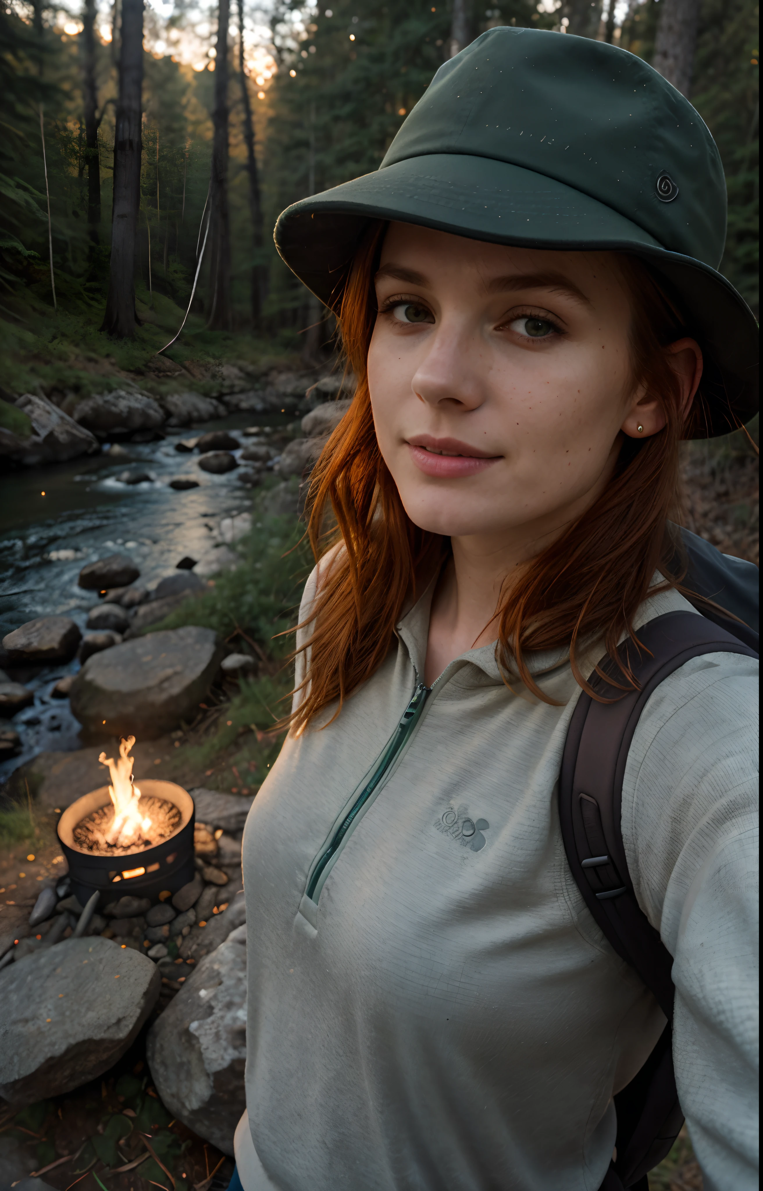 1 woman ((upper body selfie, happy)) Reddish Hair, ((delicate features)), Bright Green Eyes, ((18 Years)), ((Extremely Intense and Detailed Skin)), 16K, masterpiece, best quality, ultra-detailed, solo, outdoor, (night), mountains, nature, (stars, moon) cheerful, happy, backpack, sleeping bag, camping stove, water bottle, mountain boots, gloves, sweater, hat, flashlight, forest, rocks, river, wood, smoke, shadows, contrast, clear sky, style, (warm hue, warm tone:1.2), close-up, cinematic light, sidelighting, ultra high resolution, best shadow, RAW, Canon EOS 5D Mark IV Cam , upper body, wearing pullover,