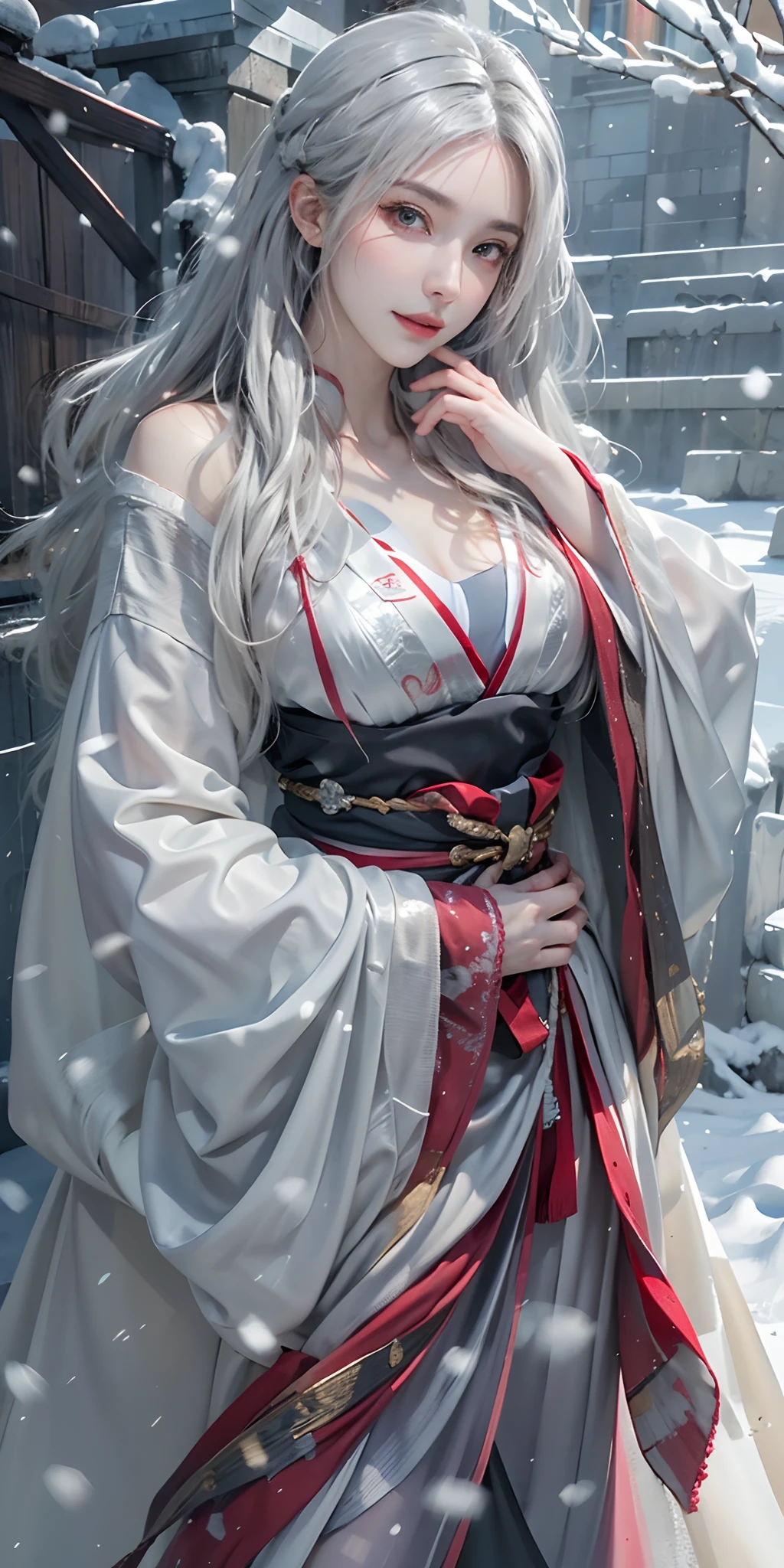 photorealistic, high resolution, 1women, shining skin, solo, jewelry, pink lips, long white hair, blue eyes, closed mouth, hips up, hanfu