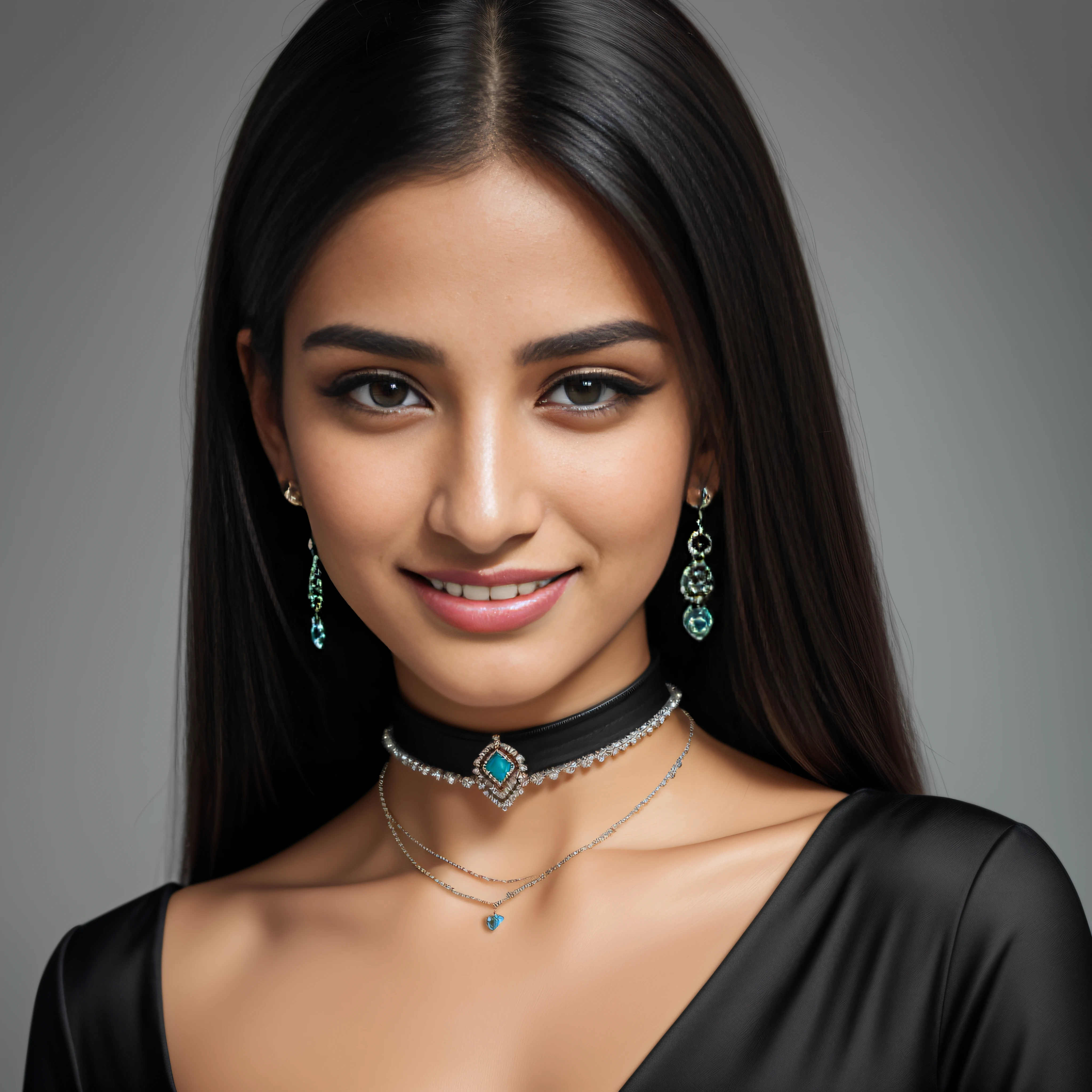 Masterpiece, Best Quality, Super Detail, 8K, Highlight Detail, Shadow Detail, Raw, (Skin Detail), (Realism: 1.2),
1 beautiful Afghan girl, face,
Pillion, black nails, jewelry, long hair, looking at viewer, choker, necklace, piercing, white background, heart, closed mouth, gray eyes, nail polish, plain background, black hair, ear piercing, black choker , smile, eyelashes, lips, hand on cheek, bangs, bracelet, bead, jewel, earring, nail