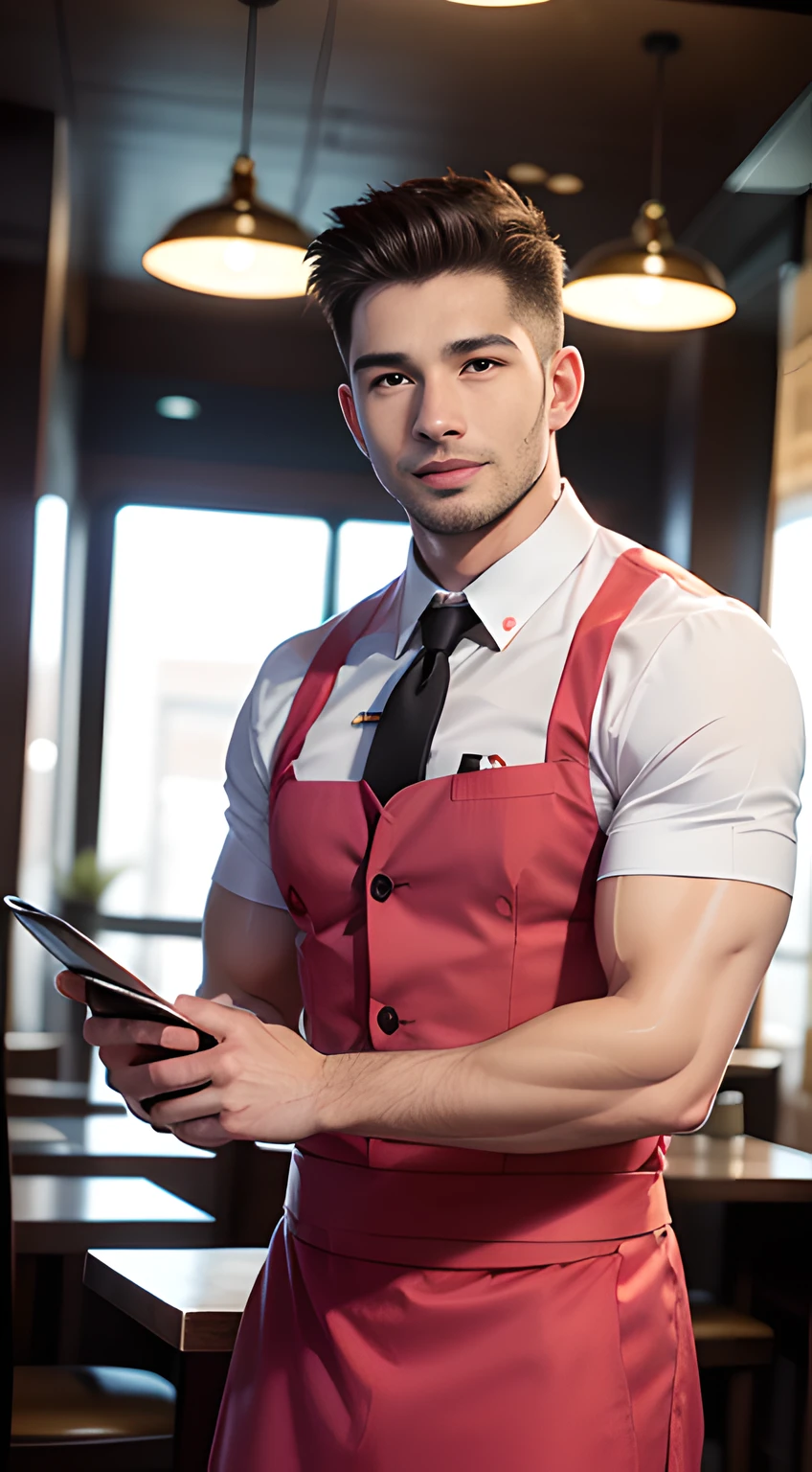 (handsome man in his 30's), (wearing men's Thong), big male genitals under Thong, handsome muscular waiter of the prestigious restaurant,  he is in his 30's,  red uniform, food and drinks, mischievous smile, (high detail:1 1), Natural muscle、highly quality、beautiful eye、(detailed face and eyes)、(faceless:1 2)、noise、real photo、...PSD、sharp focus、high resolution 8k、Realistic and professional photos、8K UHD、soft lighting、highly quality、film grain、Fujifilm XT3